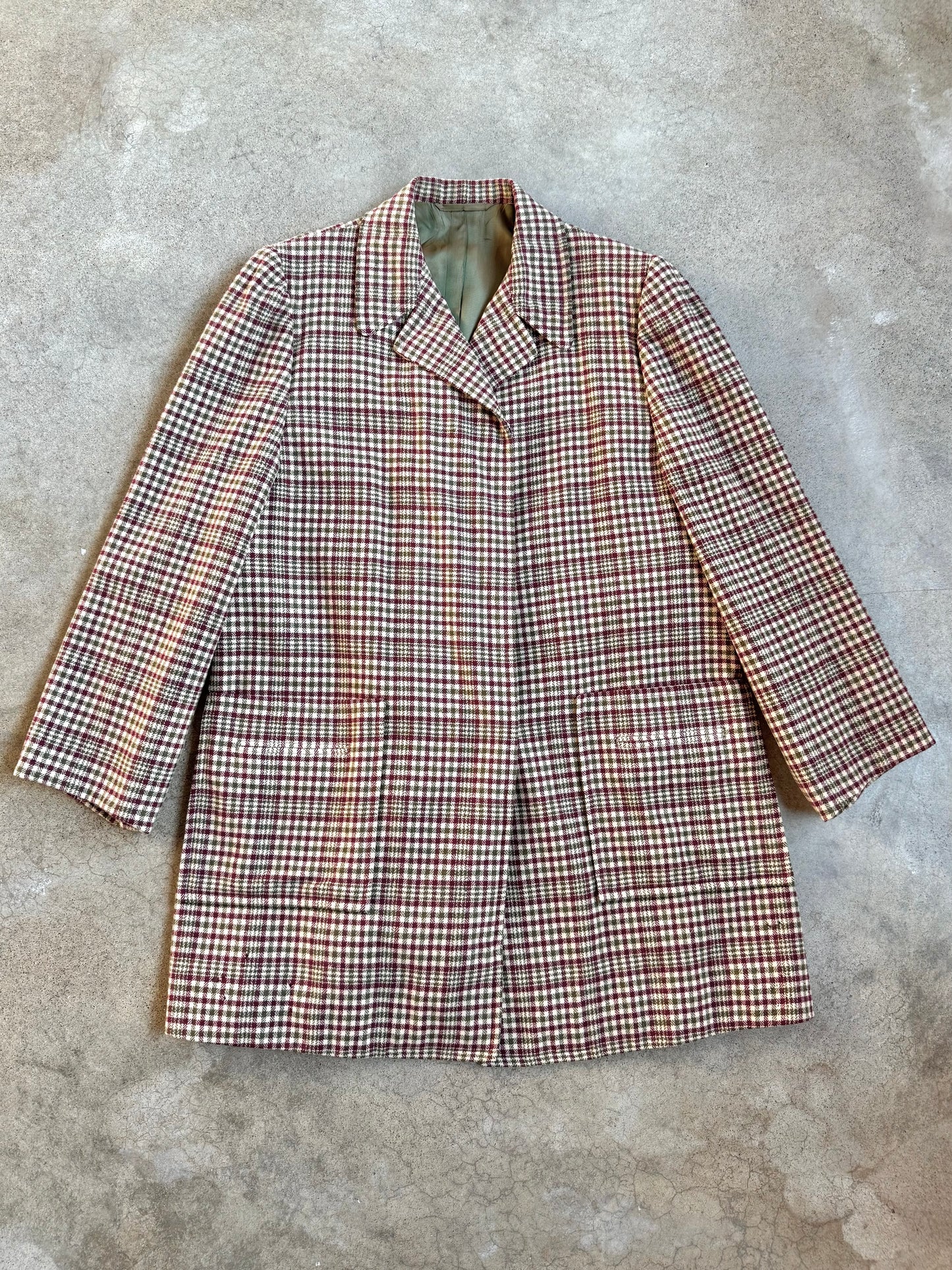 Vintage 1950s Chester Barrie Burgundy & Green Plaid Short Wool Overcoat | L/XL
