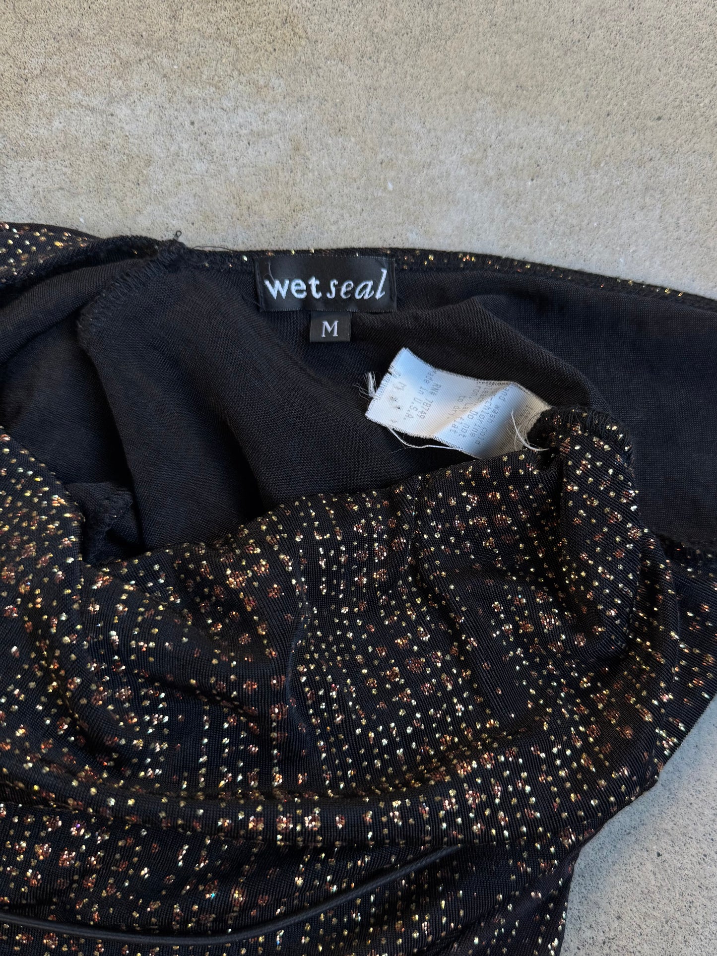 Vintage 1990s/2000s Wet Seal Black & Gold Shimmer Bodycon Open Back Dress | Medium