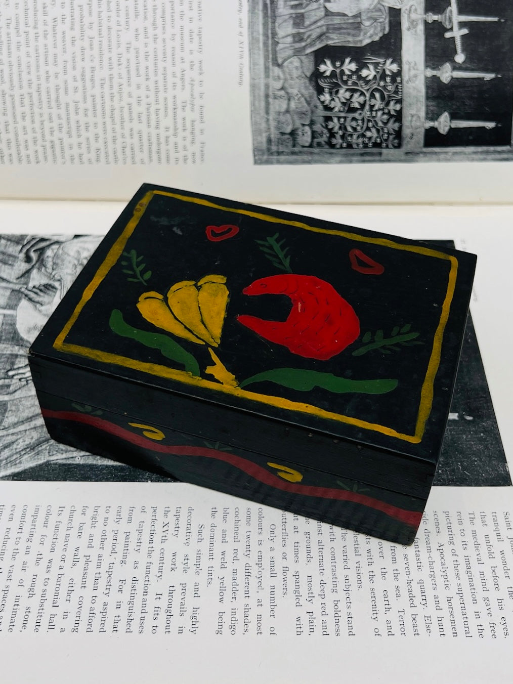 Antique Scandinavian Wood Hand Painted "Bear and Flower" Box