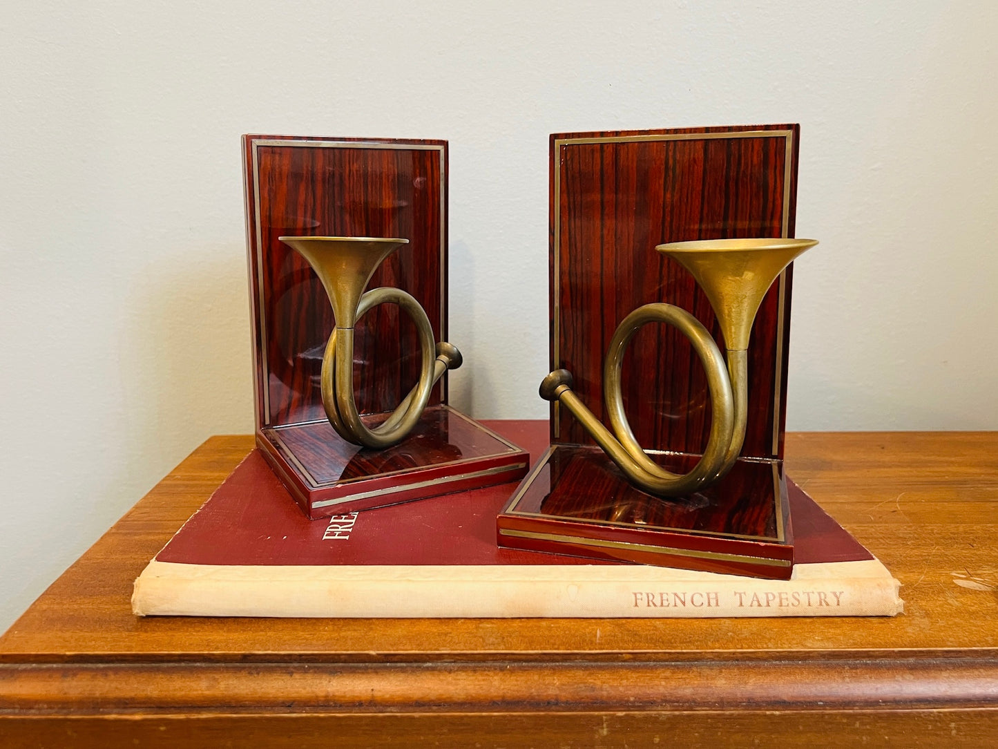 Vintage 1950s Brass French Horn Wood Inlay Bookends