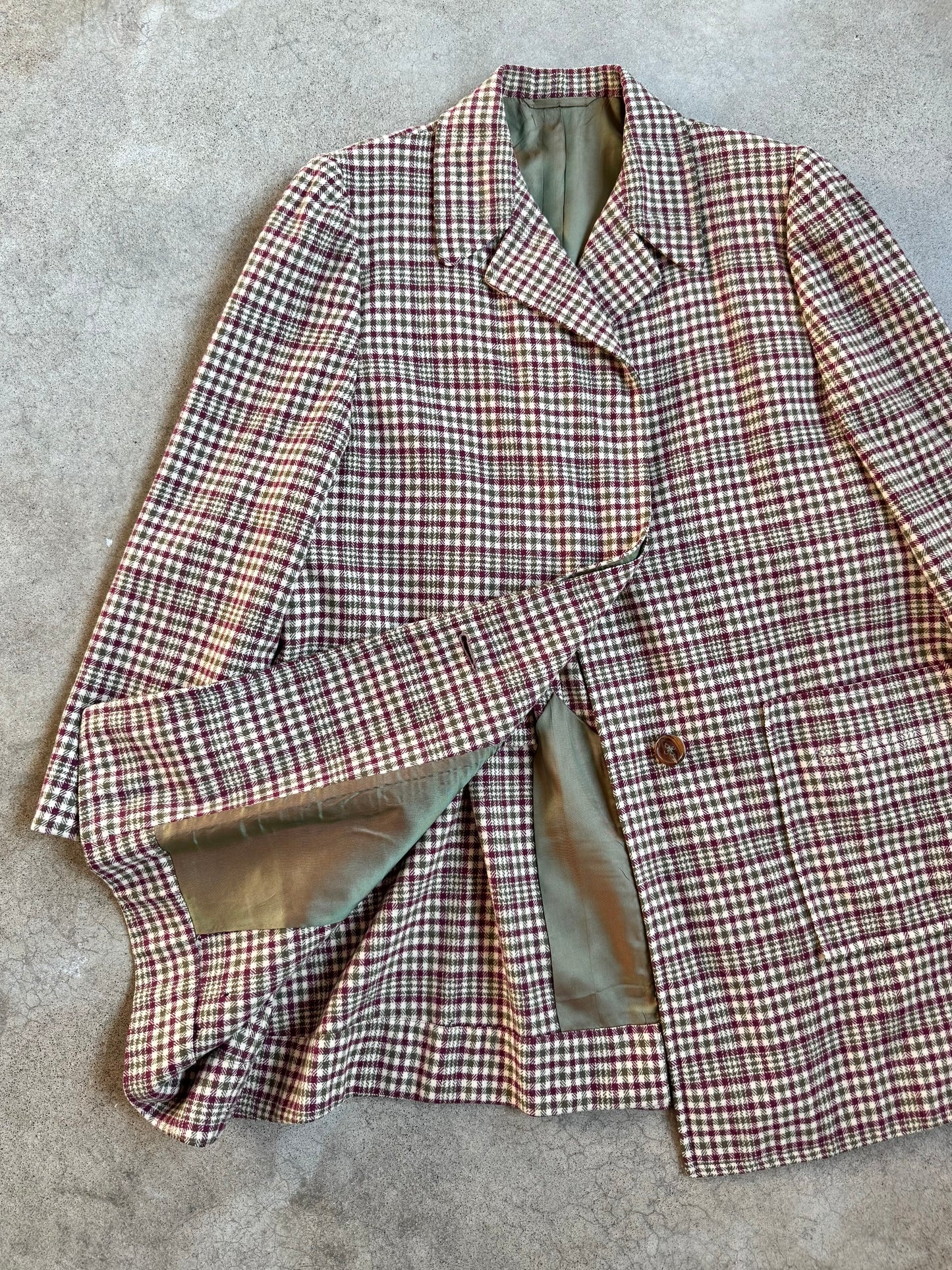 Vintage 1950s Chester Barrie Burgundy & Green Plaid Short Wool Overcoat | L/XL