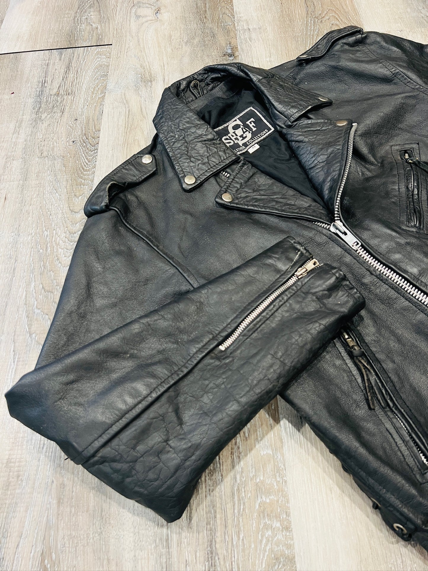 Vintage 1980s Shaf Black Leather Motorcycle Jacket | L/XL