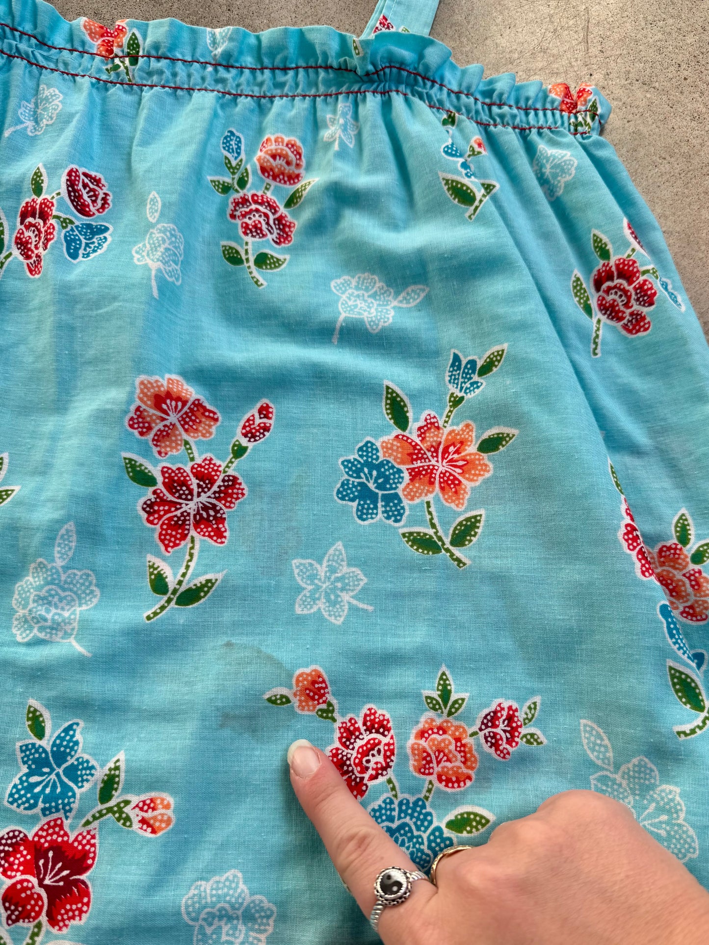 Vintage 1960s Blue Floral Lace Trim Sleeveless Midi Dress | Small