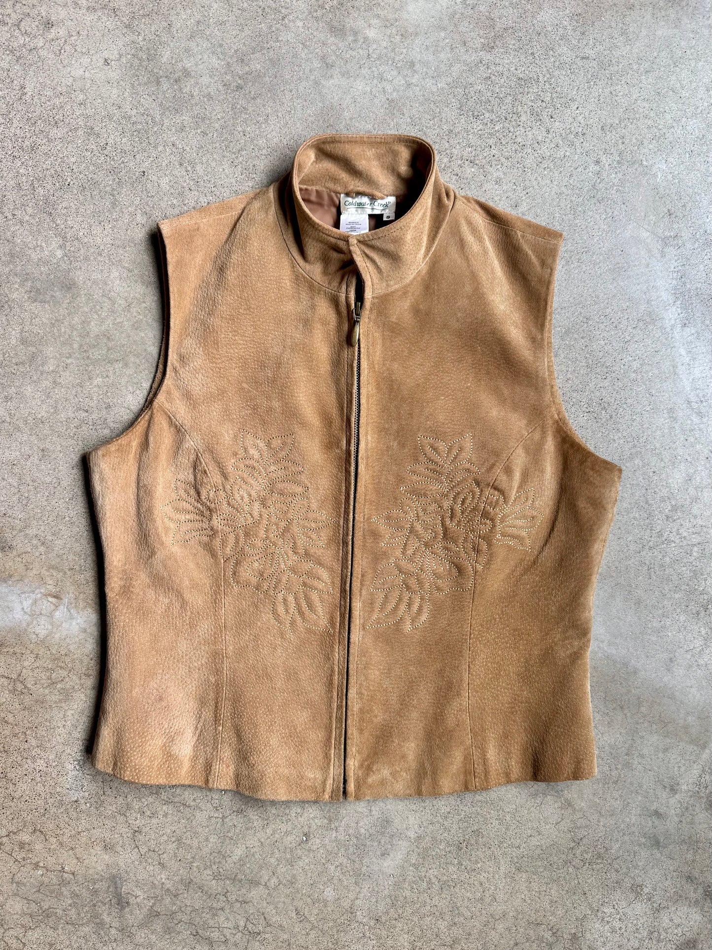 Vintage 1990s Coldwater Creek Tan Suede Floral Embroidered Zip-Up Vest | Small