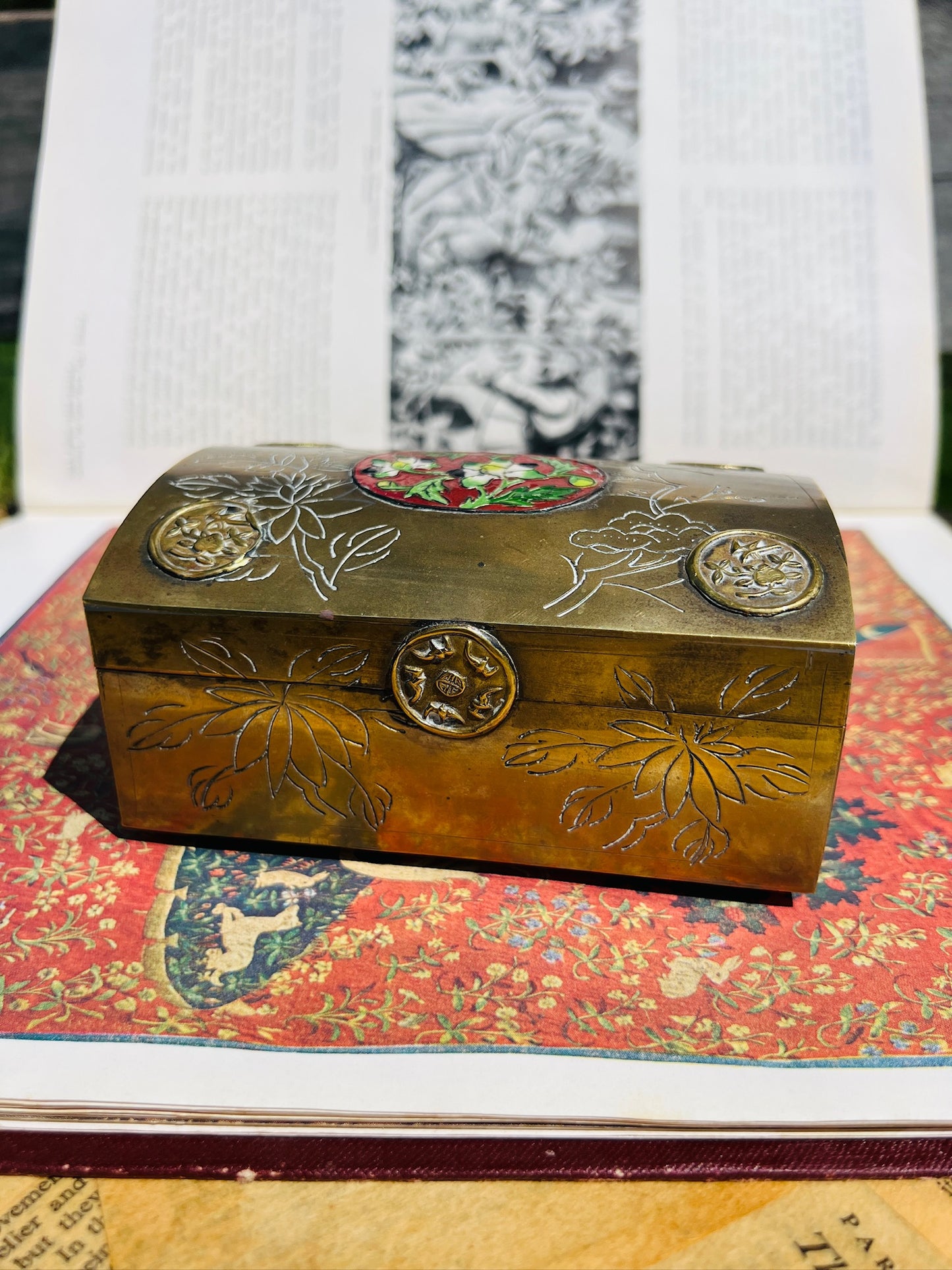 Vintage 1950s Brass Floral Painted Inlay Trinket Box