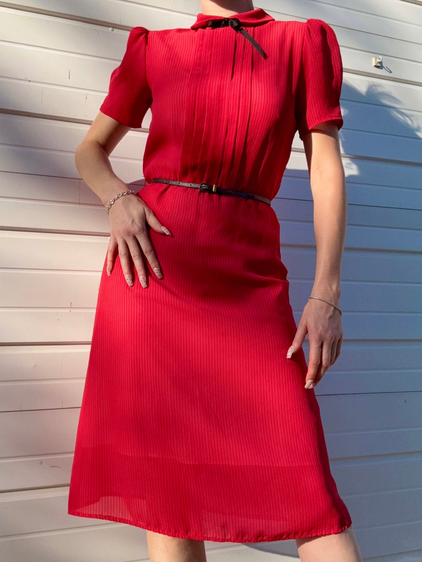 Vintage 1980s Sheer Red & Black Pinstripe Peter Pan Collar Dress | S/M