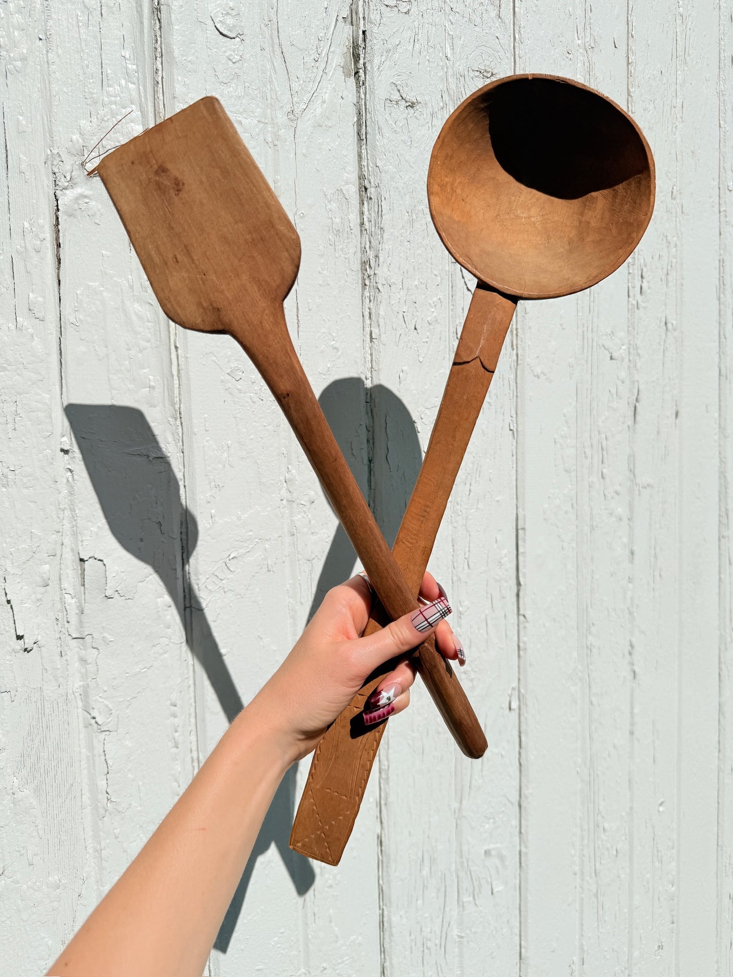 Antique Wood-Carved Folk Art Ladle & Spatula Set