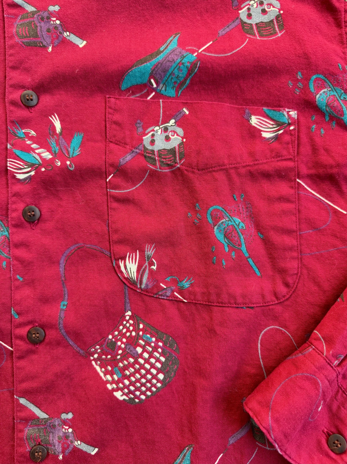 Vintage 1990s GAP Red Fishing Print Cotton Button-Down Shirt | Medium