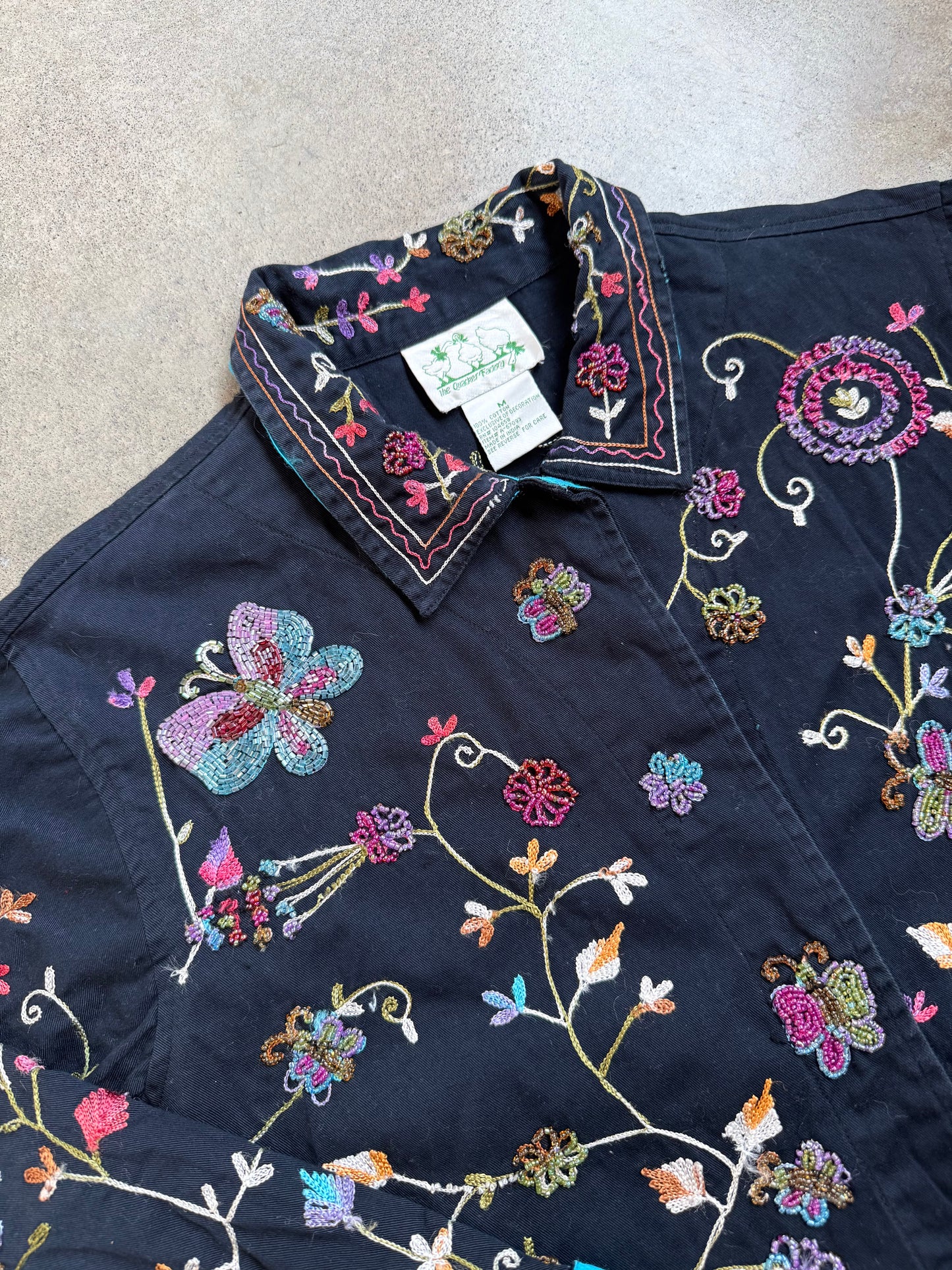 Vintage 1990s The Quacker Factory Beaded Butterfly Springtime Cotton Jacket | Medium