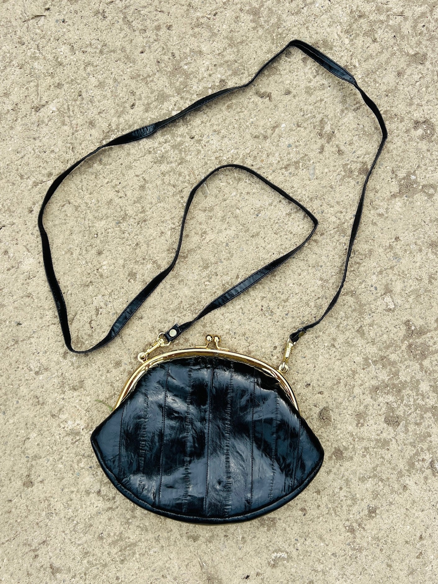 Vintage 1960s Black Eel Skin Crossbody Purse / Clutch