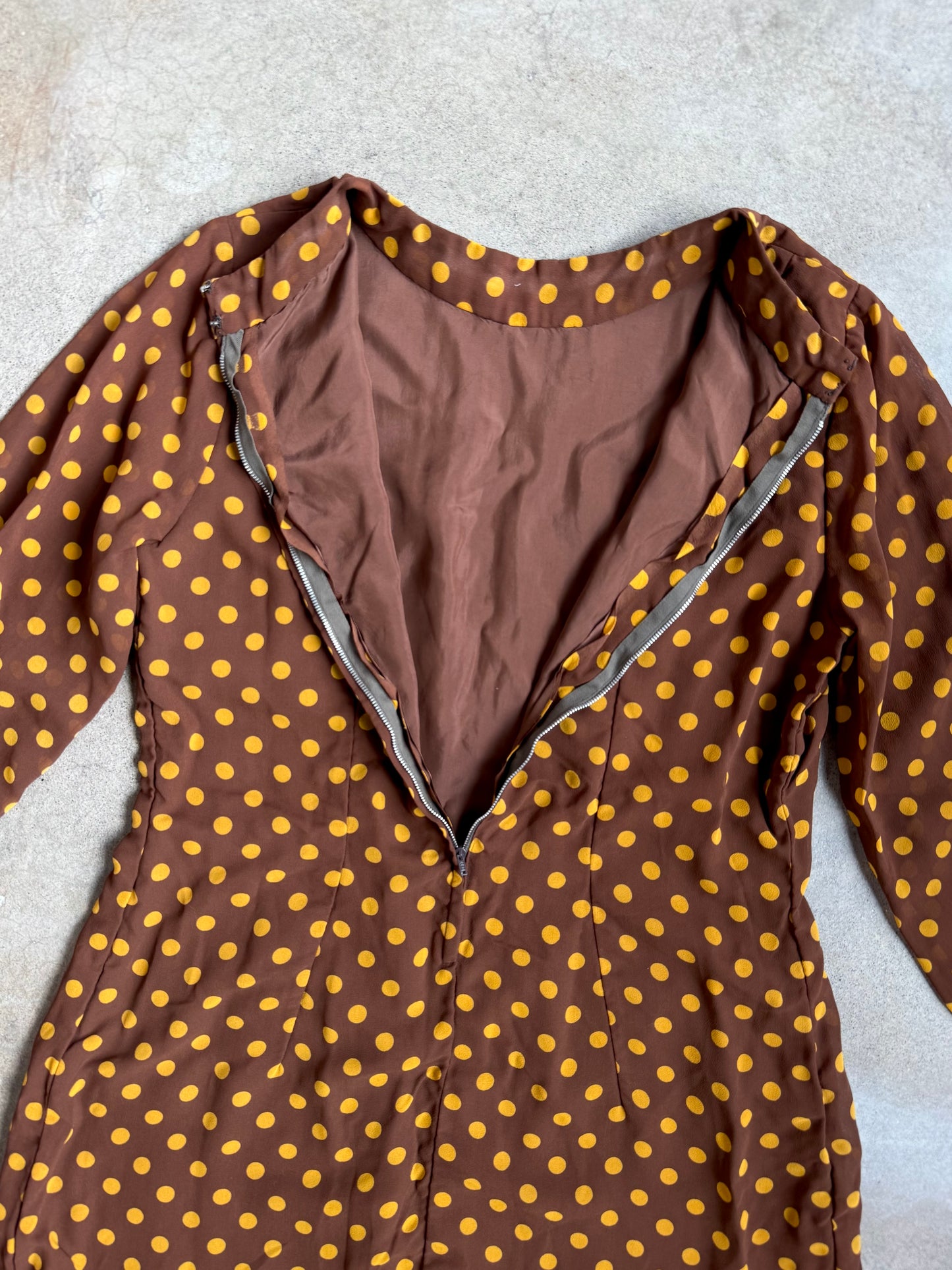 Vintage 1960s Handmade Brown & Yellow Polka Dot Long Sleeve Mini Dress | M/L