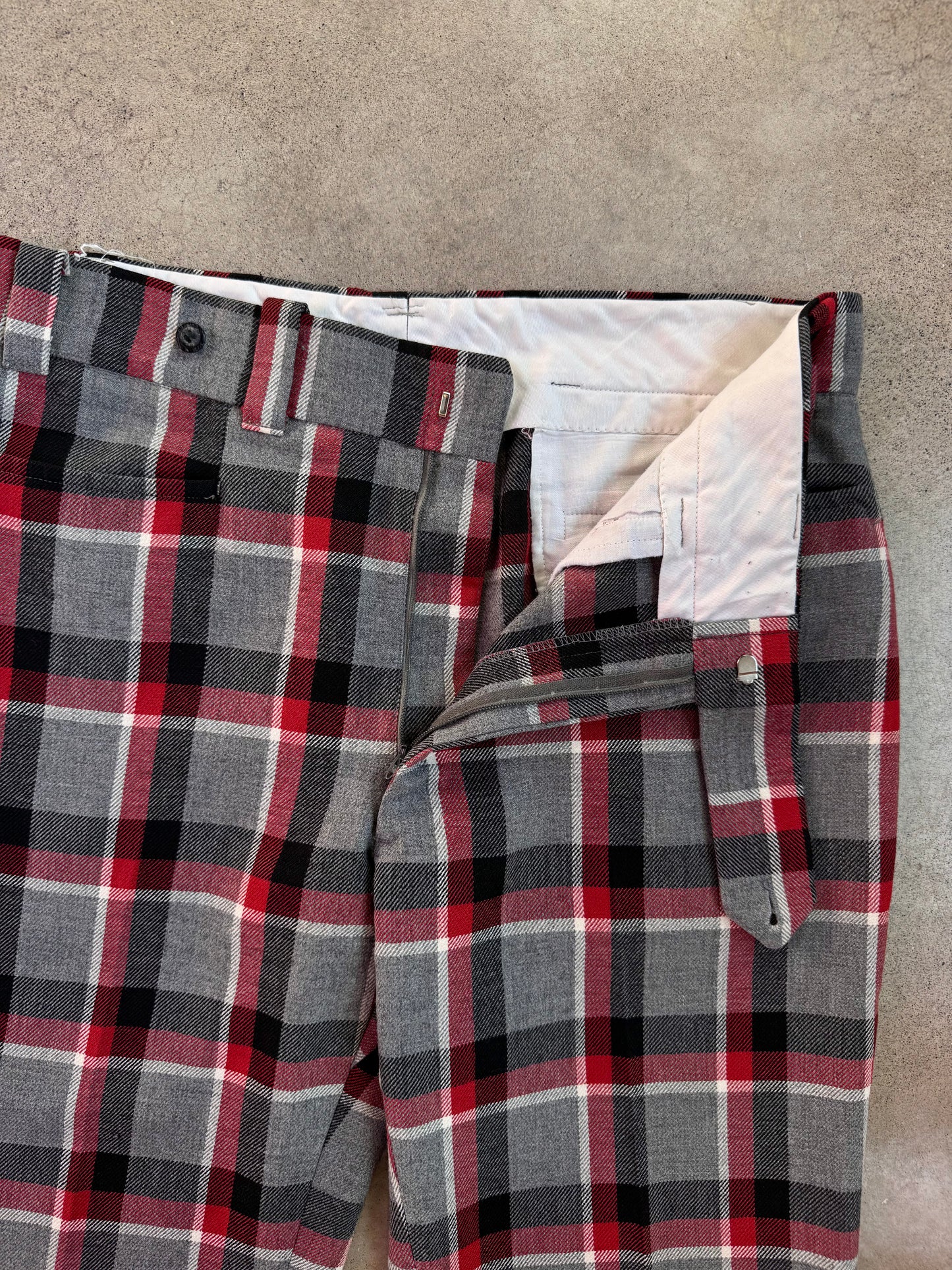 Vintage 1960s Red & Grey Plaid Wool Wide Leg Trousers | Waist 36”