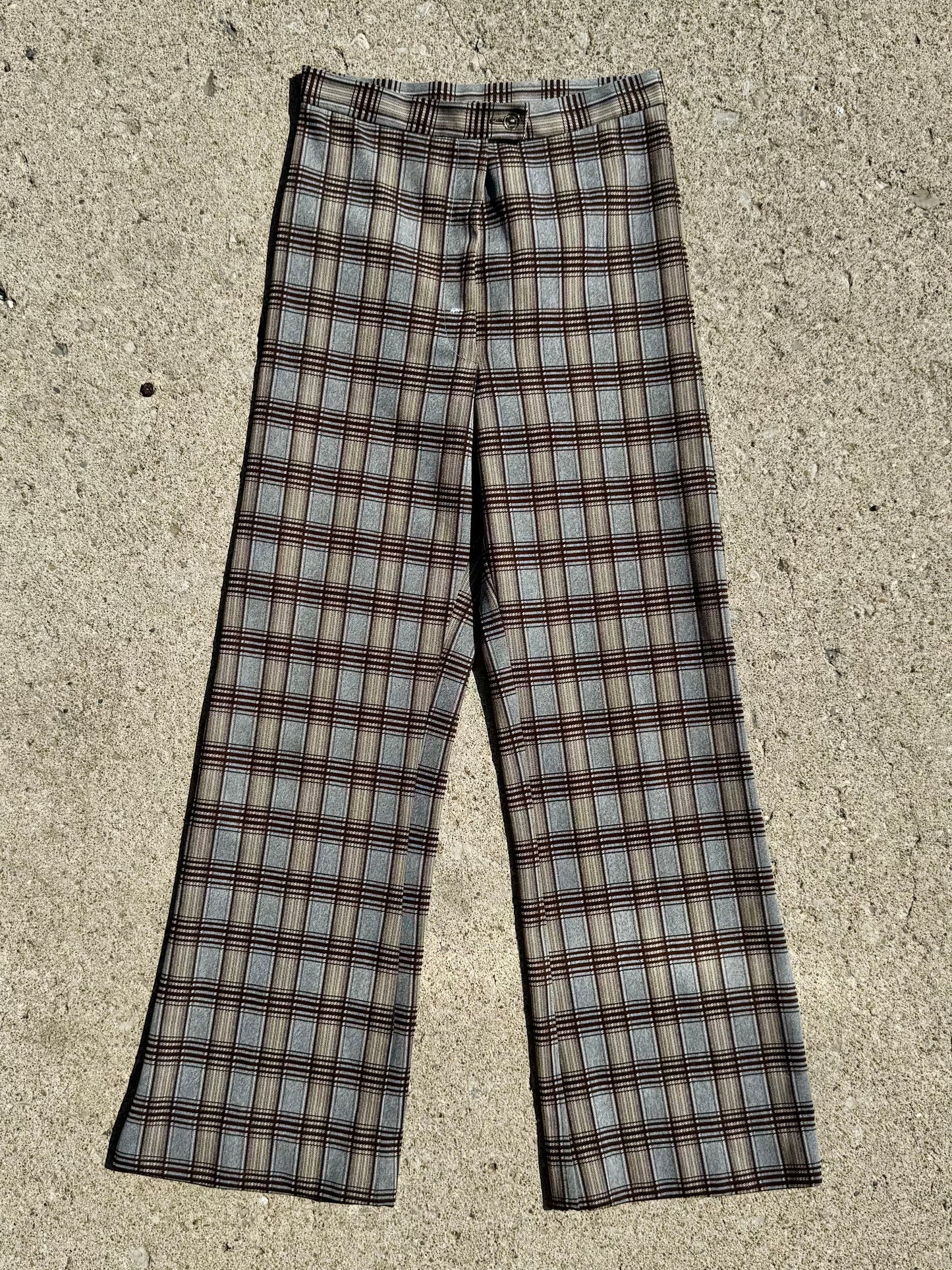 Vintage 1970s Brown Plaid Wide Leg Pants | Waist 27”