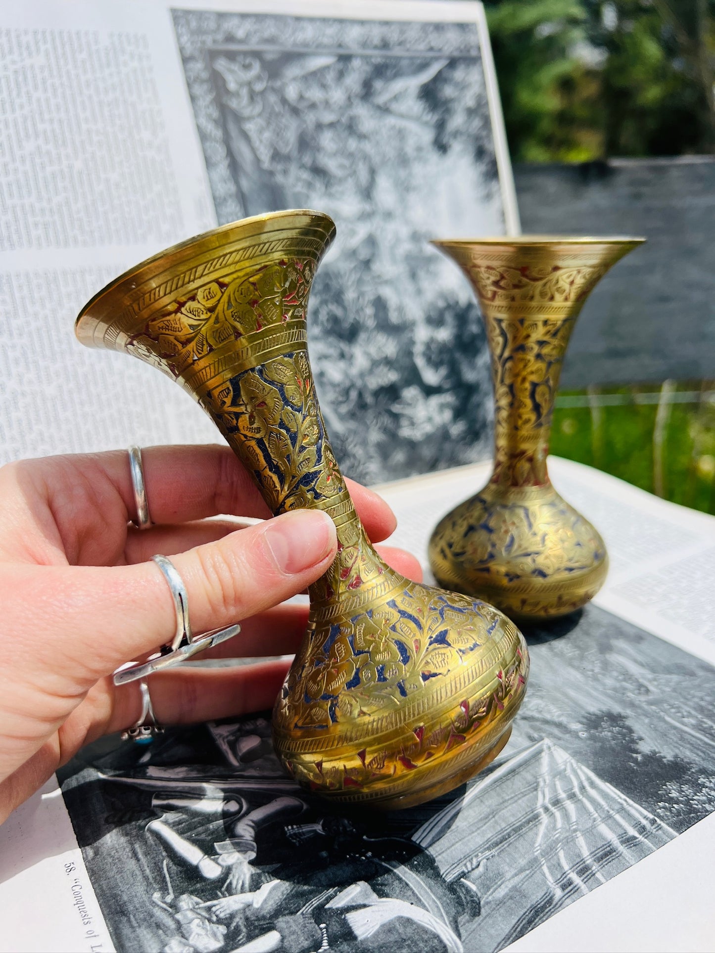 Vintage 1950s Solid Brass Floral Etched Bud Vases | Set of 2