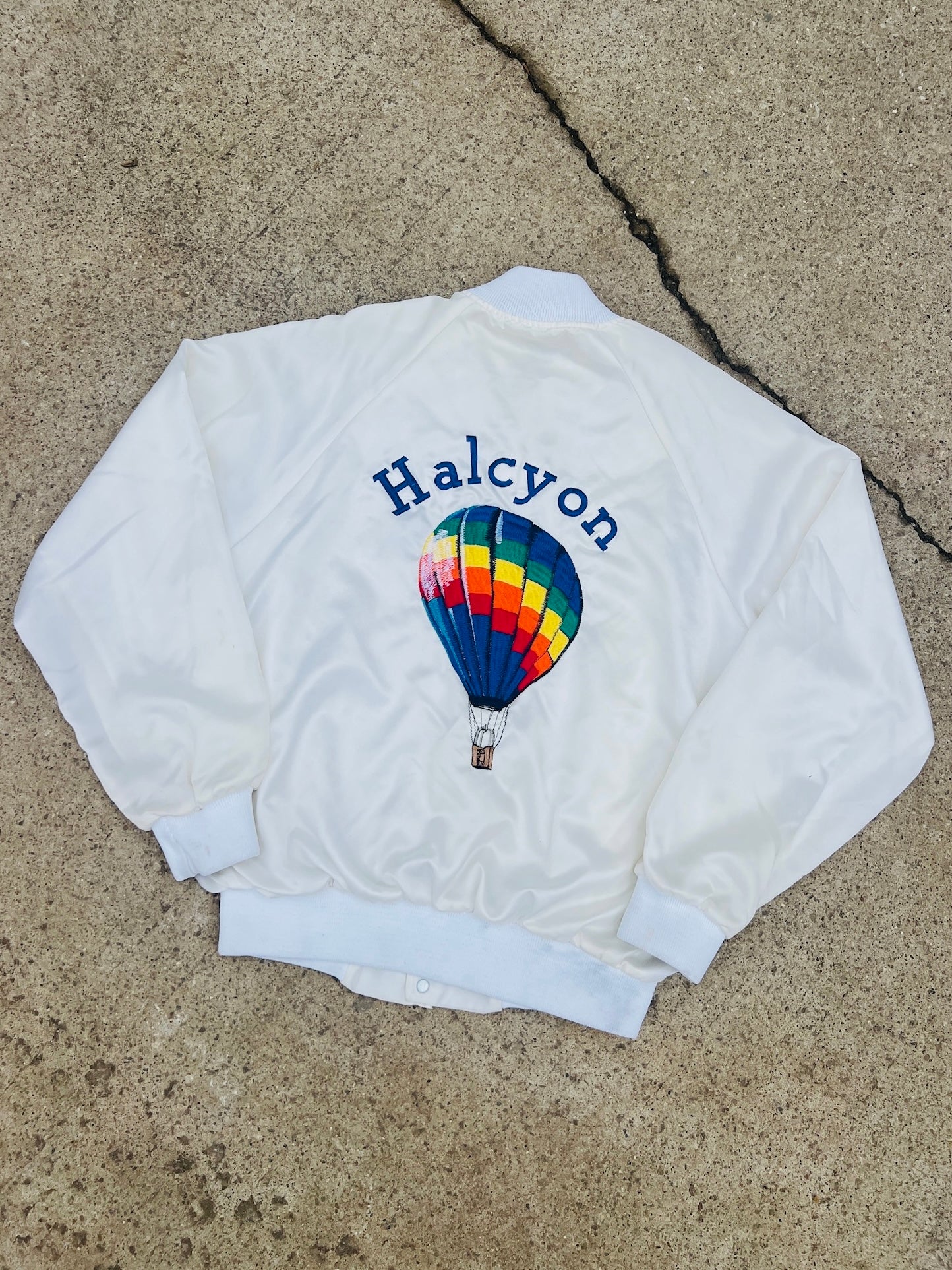 Vintage ‘89 Balloon Quest Halcyon Embroidered Satin Bomber Jacket | Large