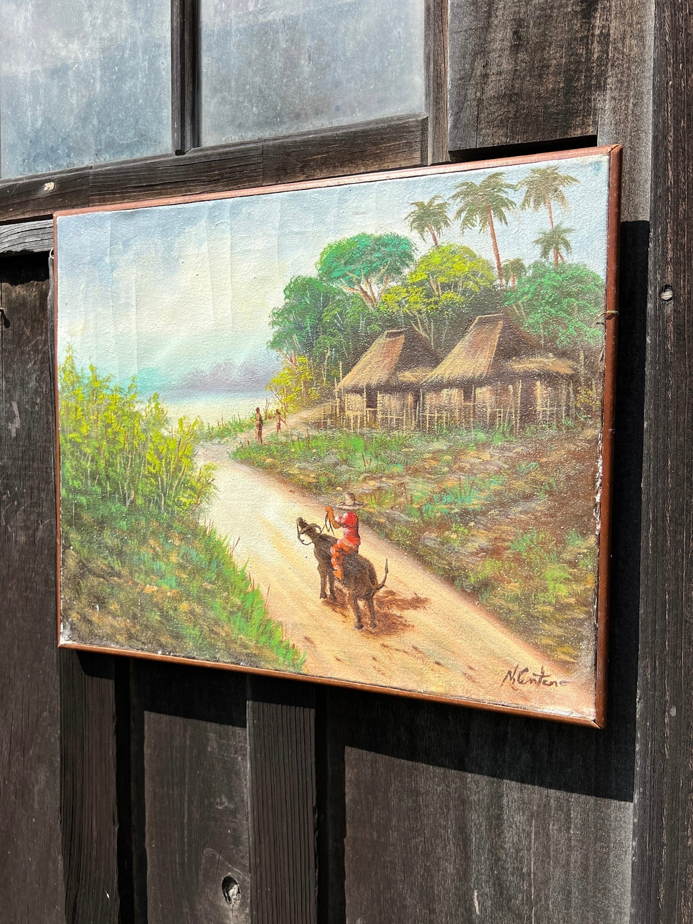 Vintage 1960s Wood Framed Signed South American Oil on Canvas
