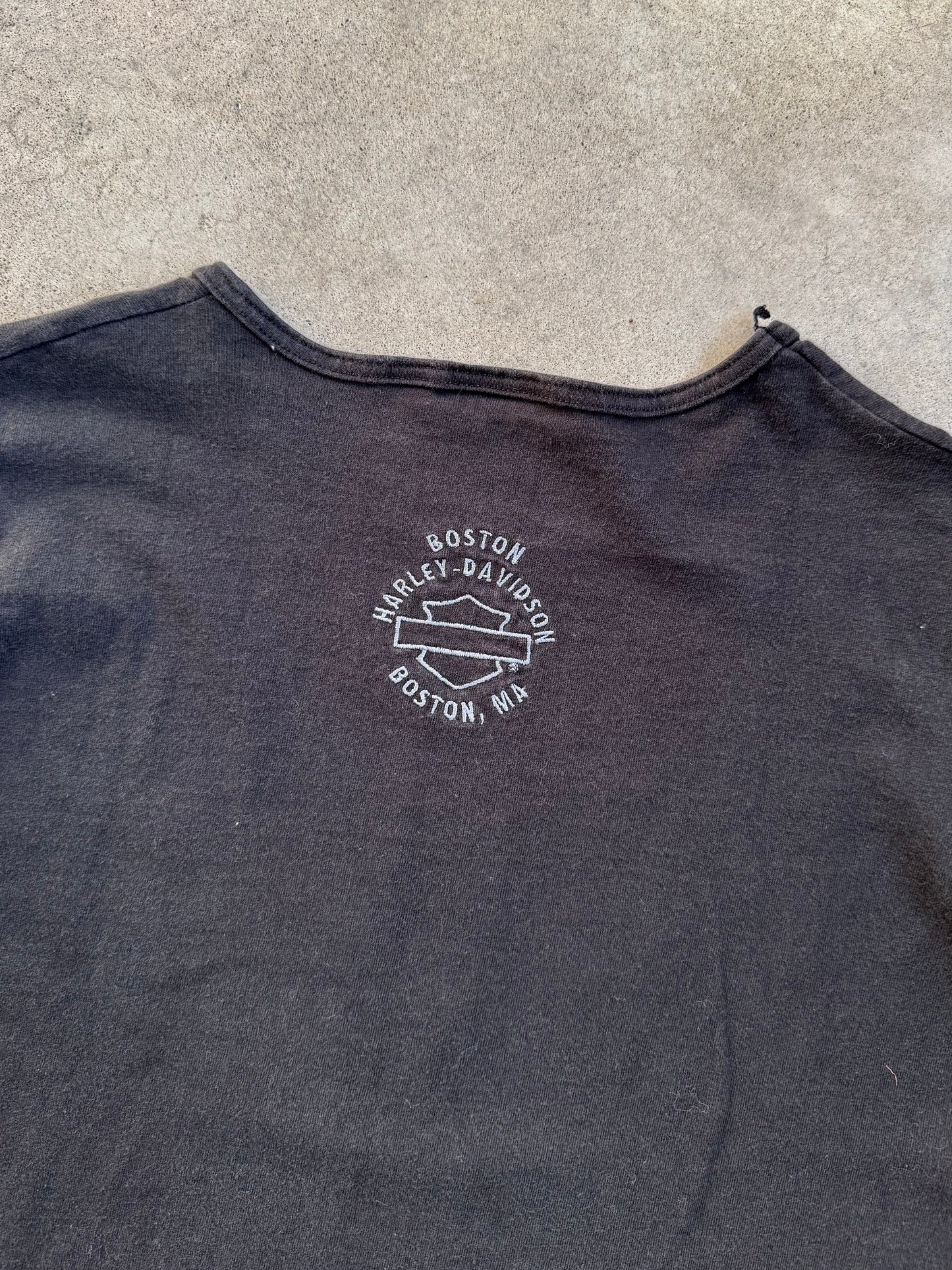 2000s Boston Harley Davidson Denim Graphic Long Sleeve Cotton Tee | Small