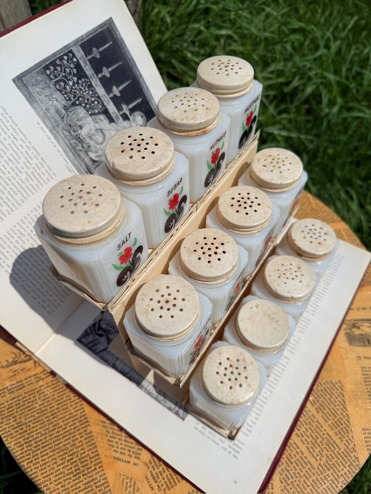 Vintage 1930s McKee Tipp City Milk Glass Spice Jar Set w/ Rack