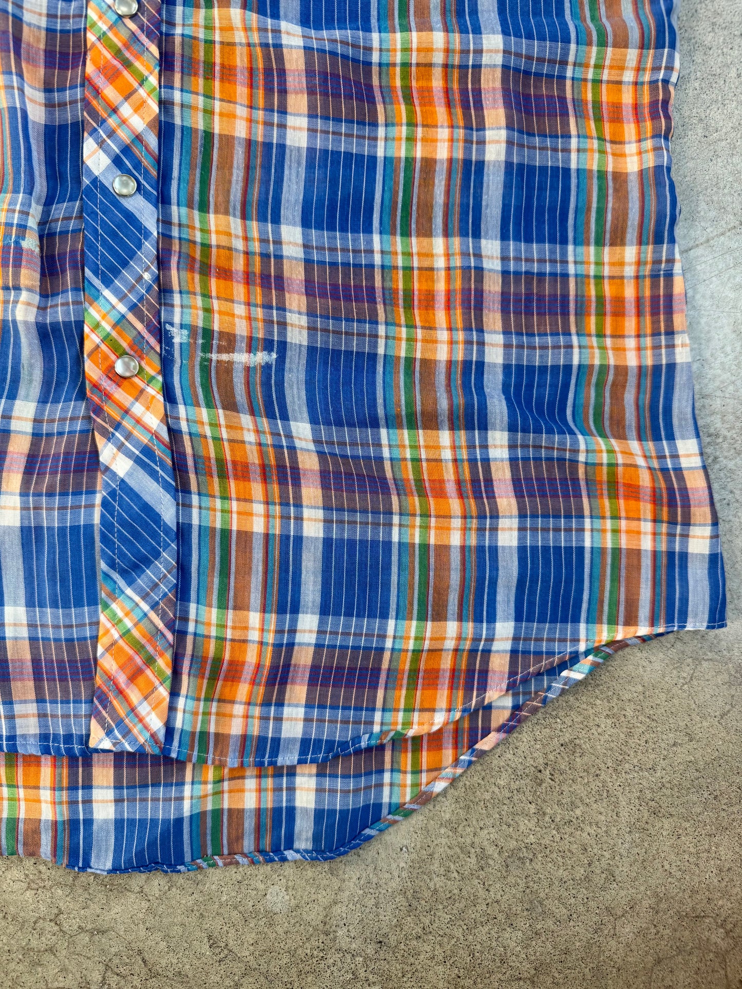 Vintage 1970s Sears Blue & Orange Plaid Western Pearl Snap Short Sleeve Shirt | Medium