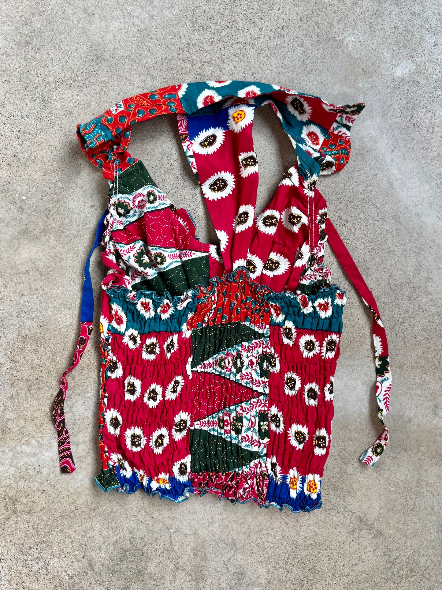 Vintage Handmade Boho Patchwork Shirred Halter Top | S/M