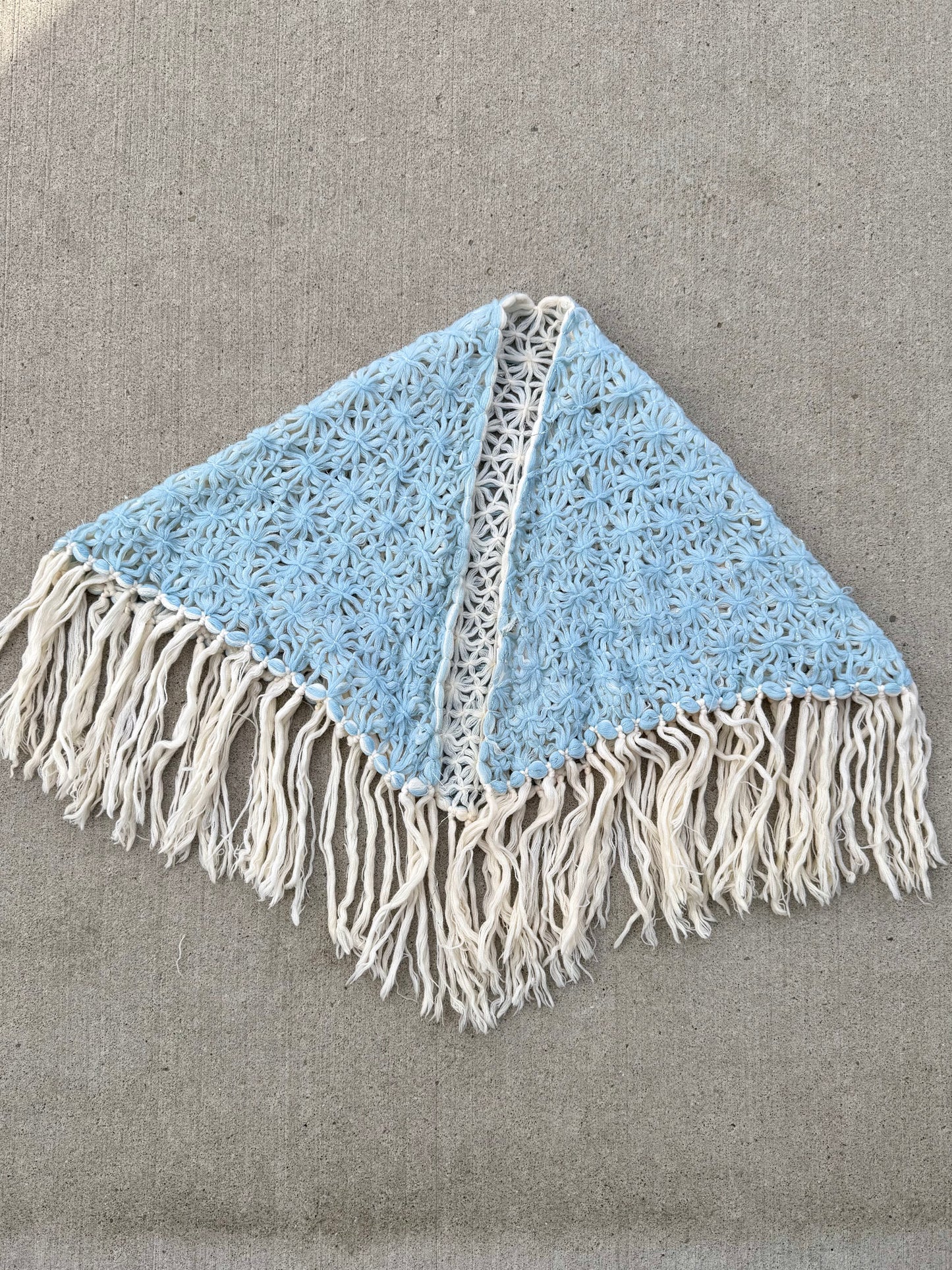 Y2K Cream & Blue Reversible Crochet Fringe Shawl