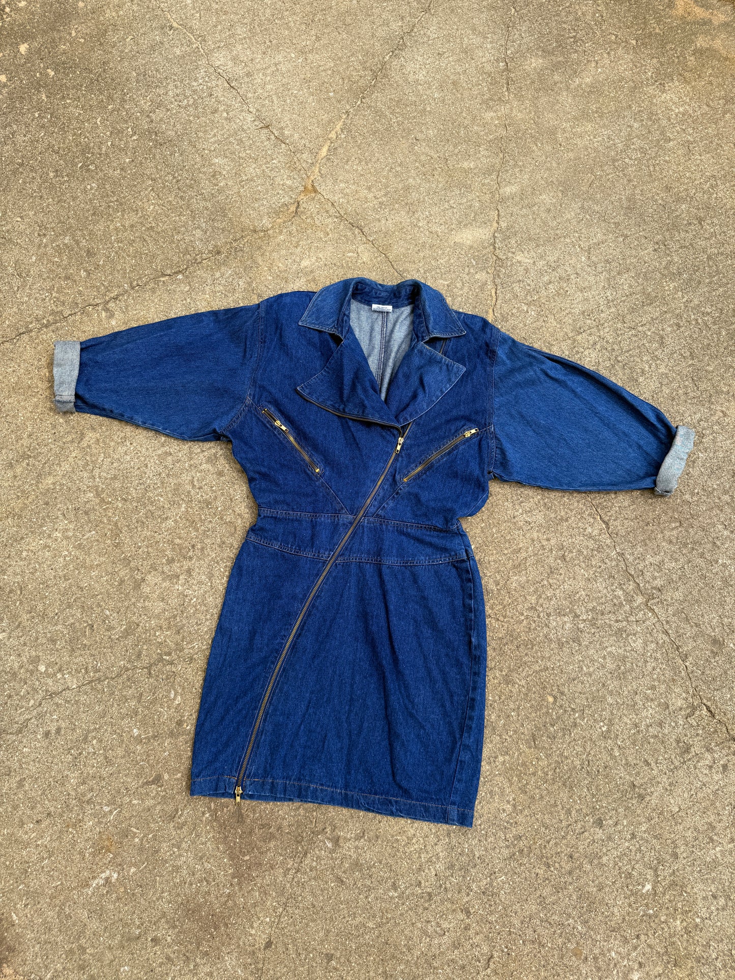 Vintage 1980s Joni Blair Zip-Front Batwing Sleeve Denim Dress | S/M