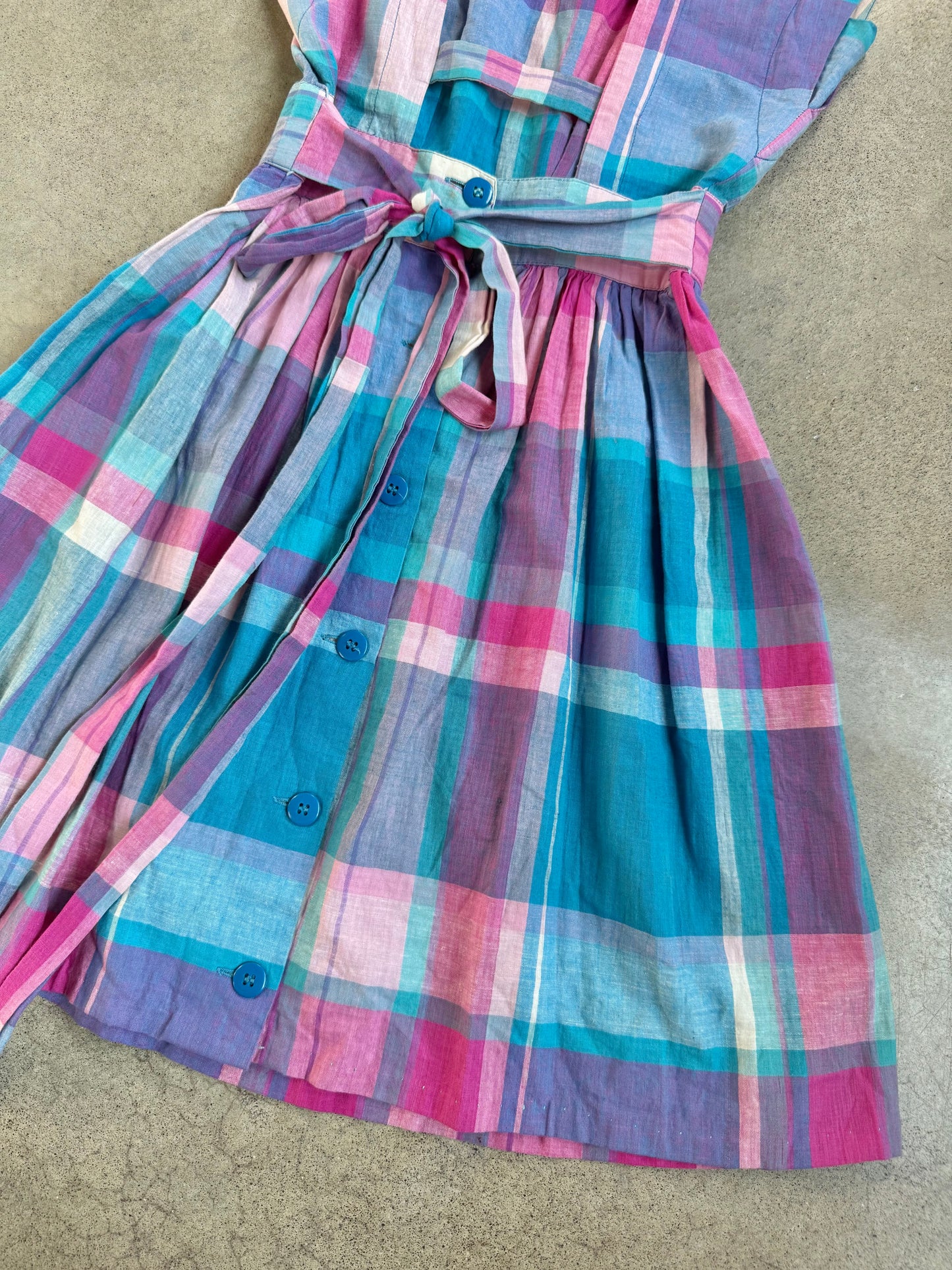 Vintage 1960s Pink & Purple Plaid Tie Waist Cotton Mini Dress | XS