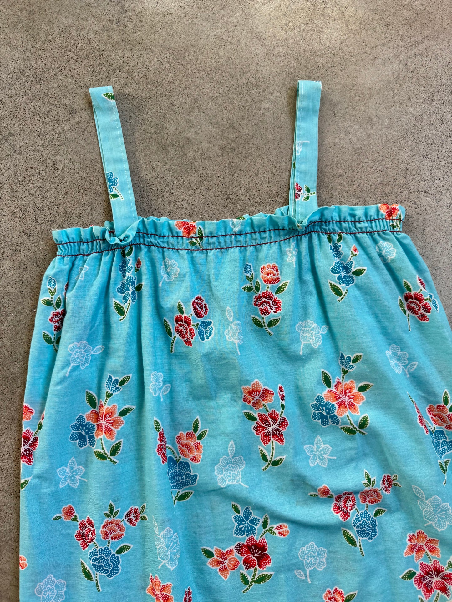 Vintage 1960s Blue Floral Lace Trim Sleeveless Midi Dress | Small