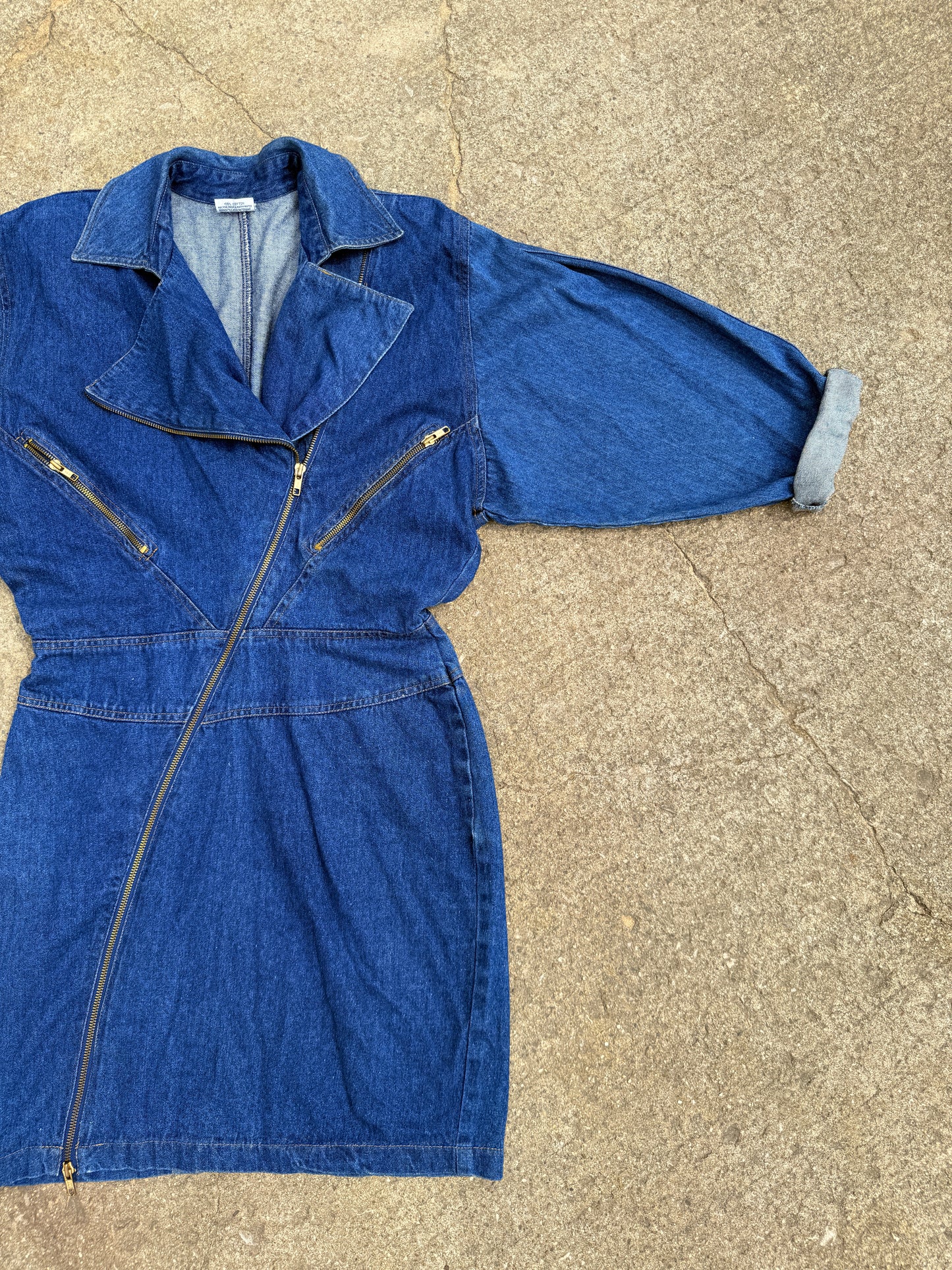 Vintage 1980s Joni Blair Zip-Front Batwing Sleeve Denim Dress | S/M