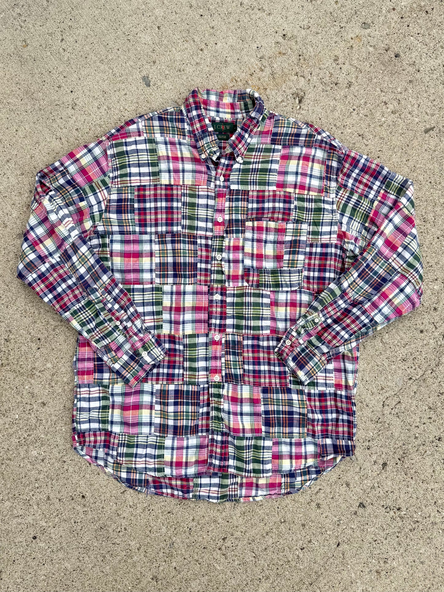 Vintage 1990s J. Crew Plaid Patchwork Button-Down Shirt | Large