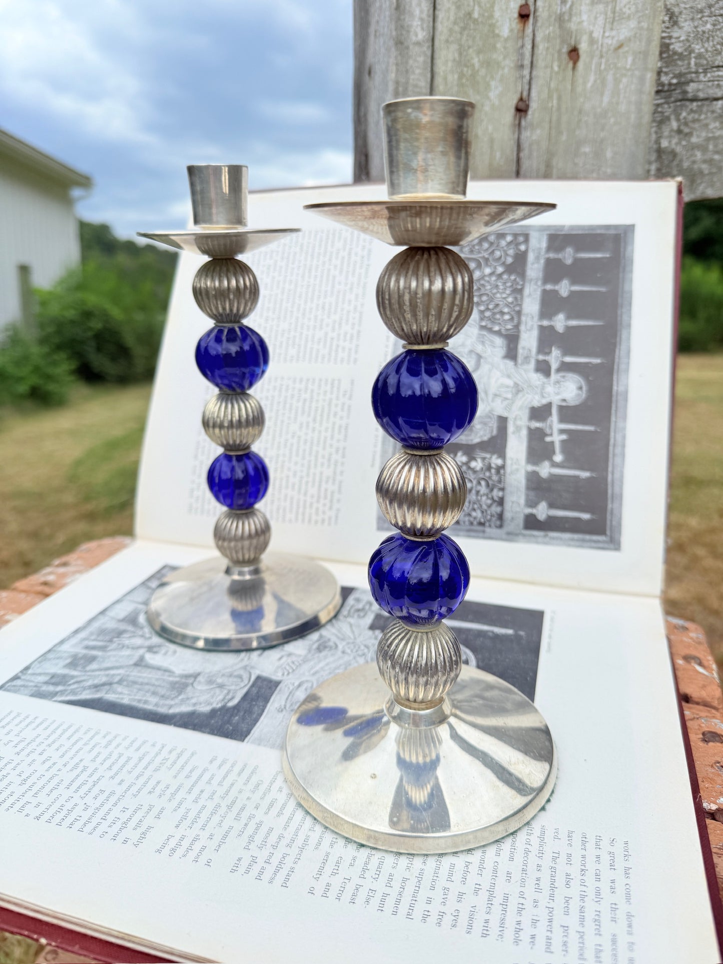 Vintage 1970s/80s Blue & Silver-Plated Stacked Orb Candlestick Holders | Set of 2