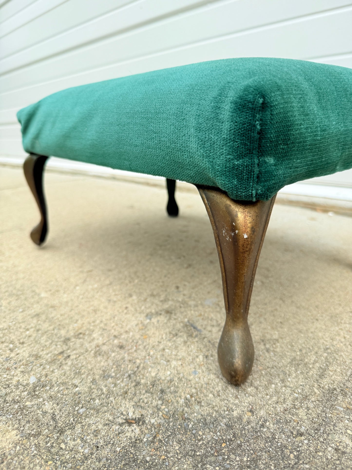 Vintage 1950s Brass Footed Green Velvet Footstool