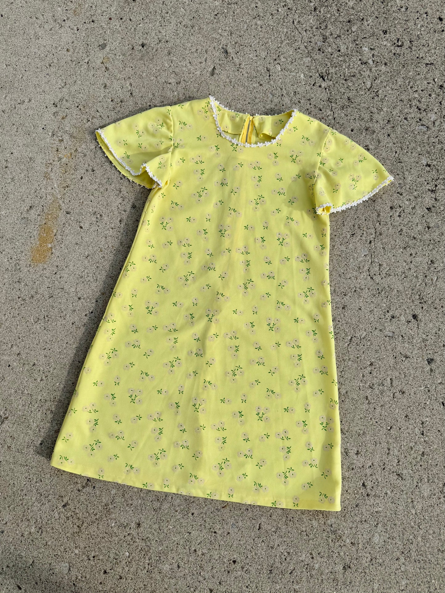 Vintage 1960s Yellow Floral Print Short Sleeve Mini Dress | XS