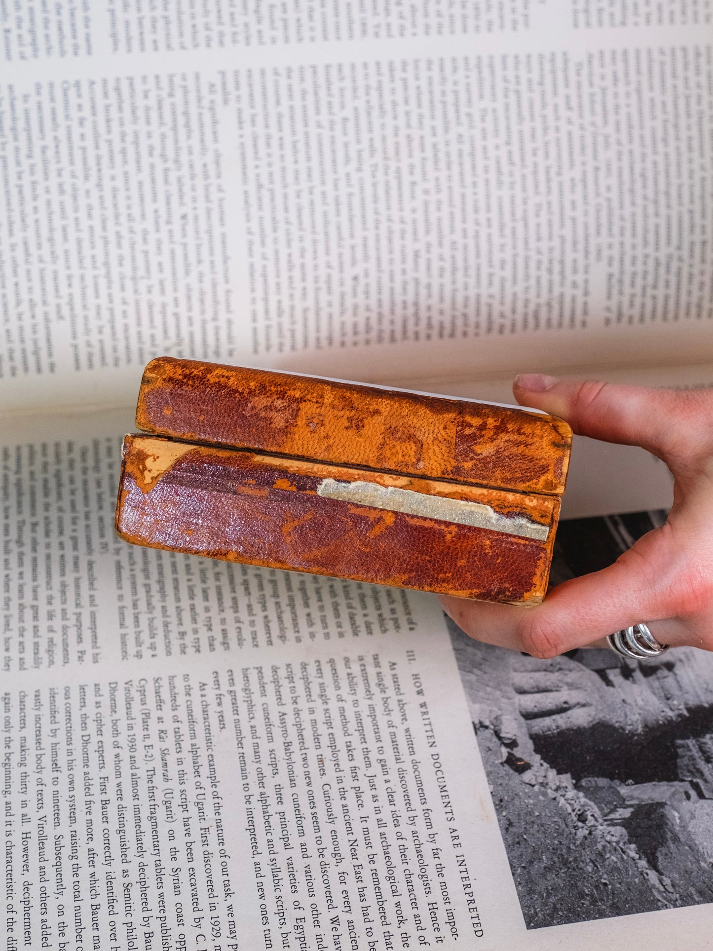 Antique 1900s Leather Philippe Signed "Fox & Trumpet" Tile Trinket Box