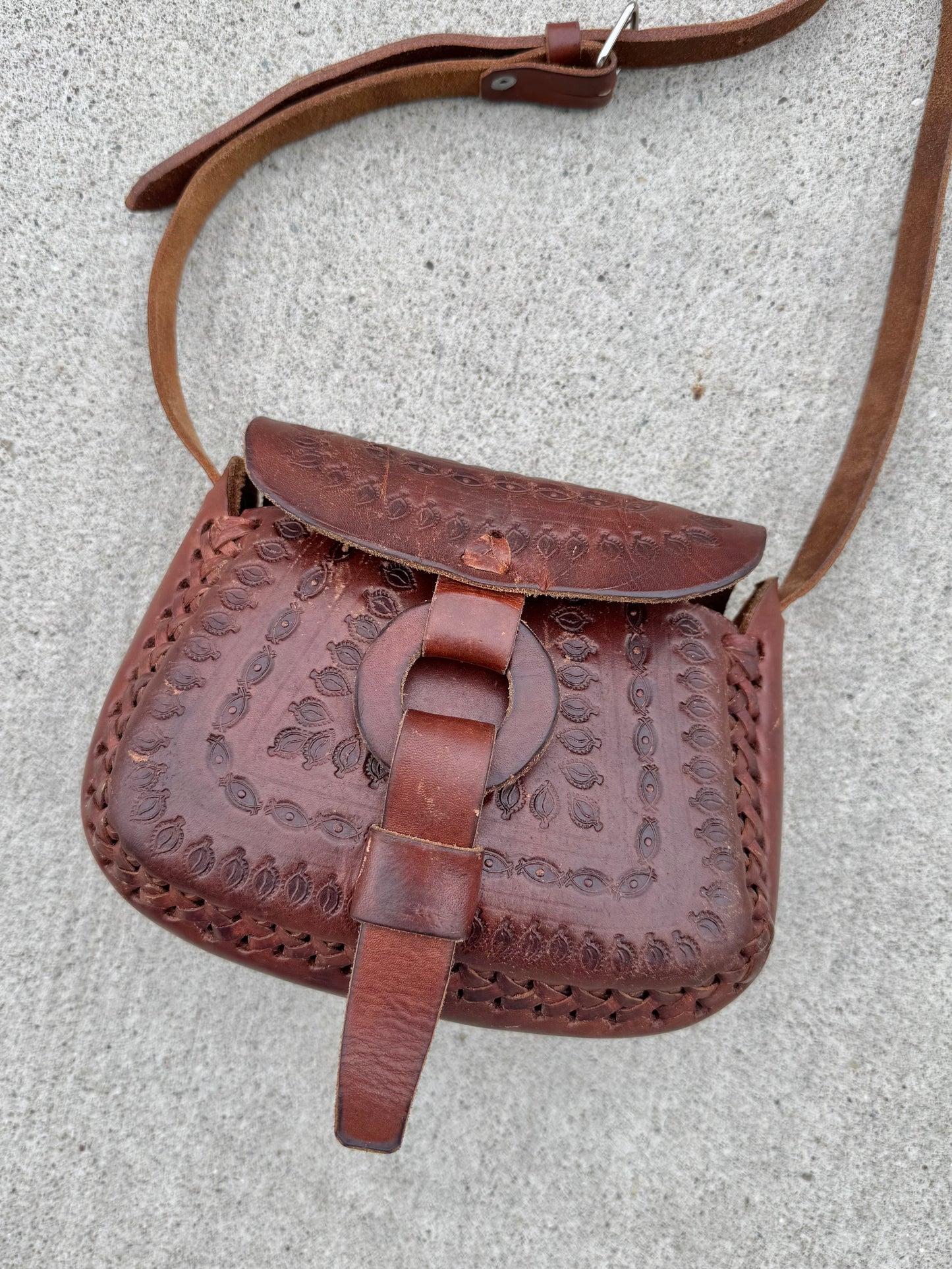 Vintage 1960s Hand-Tooled Brown Leather Purse