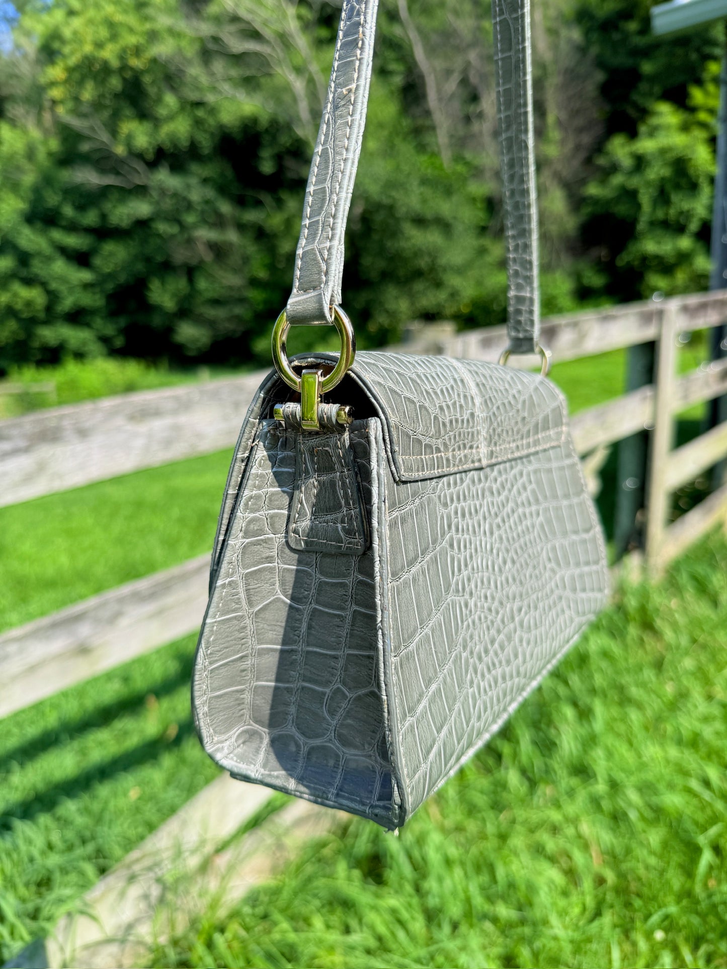 Vintage 1990s Liz Claiborne Grey Faux Croc Shoulder Bag