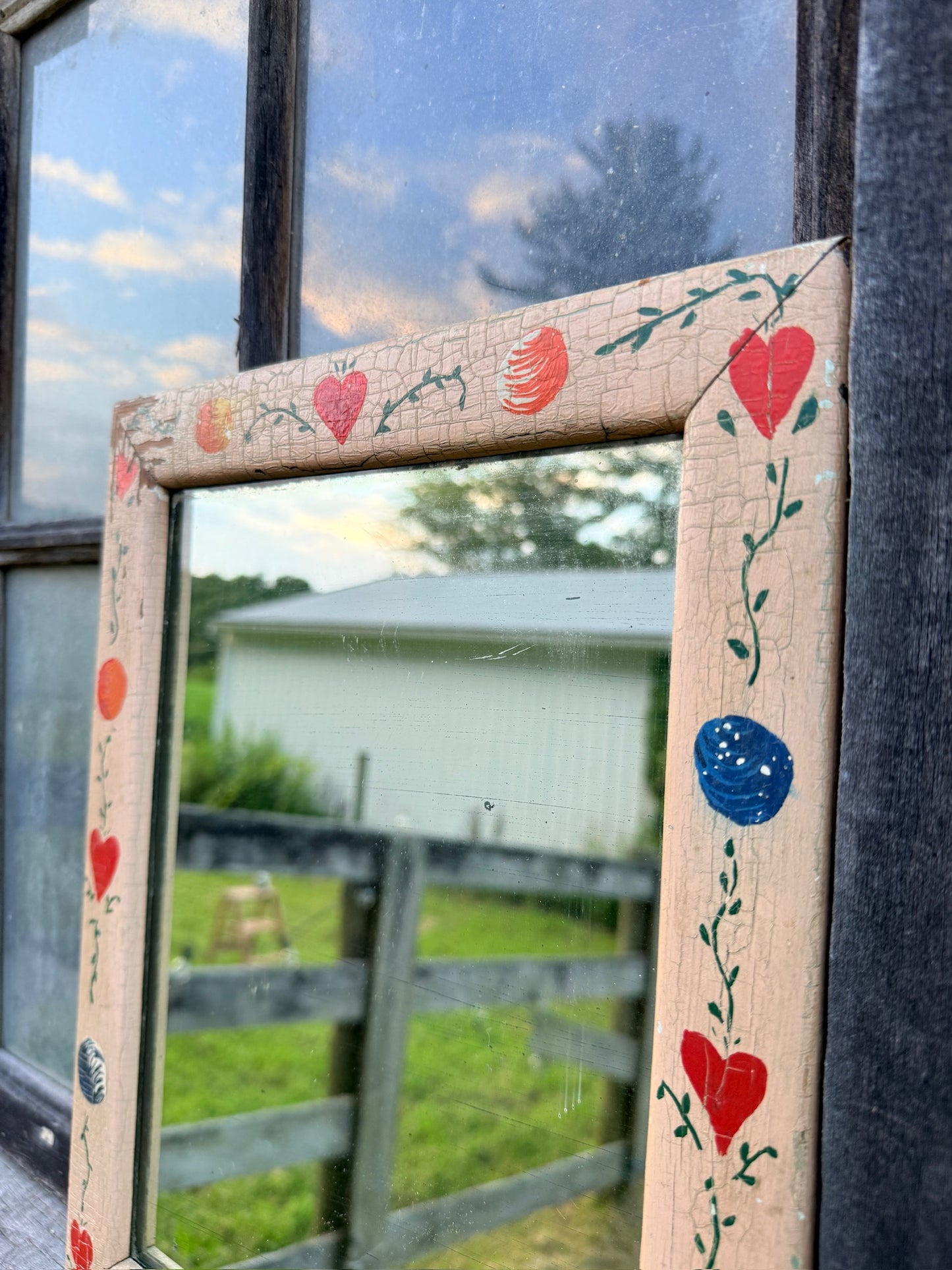 Antique Wood Framed Hand-Painted Folk Art “Heart” Wall Mirror