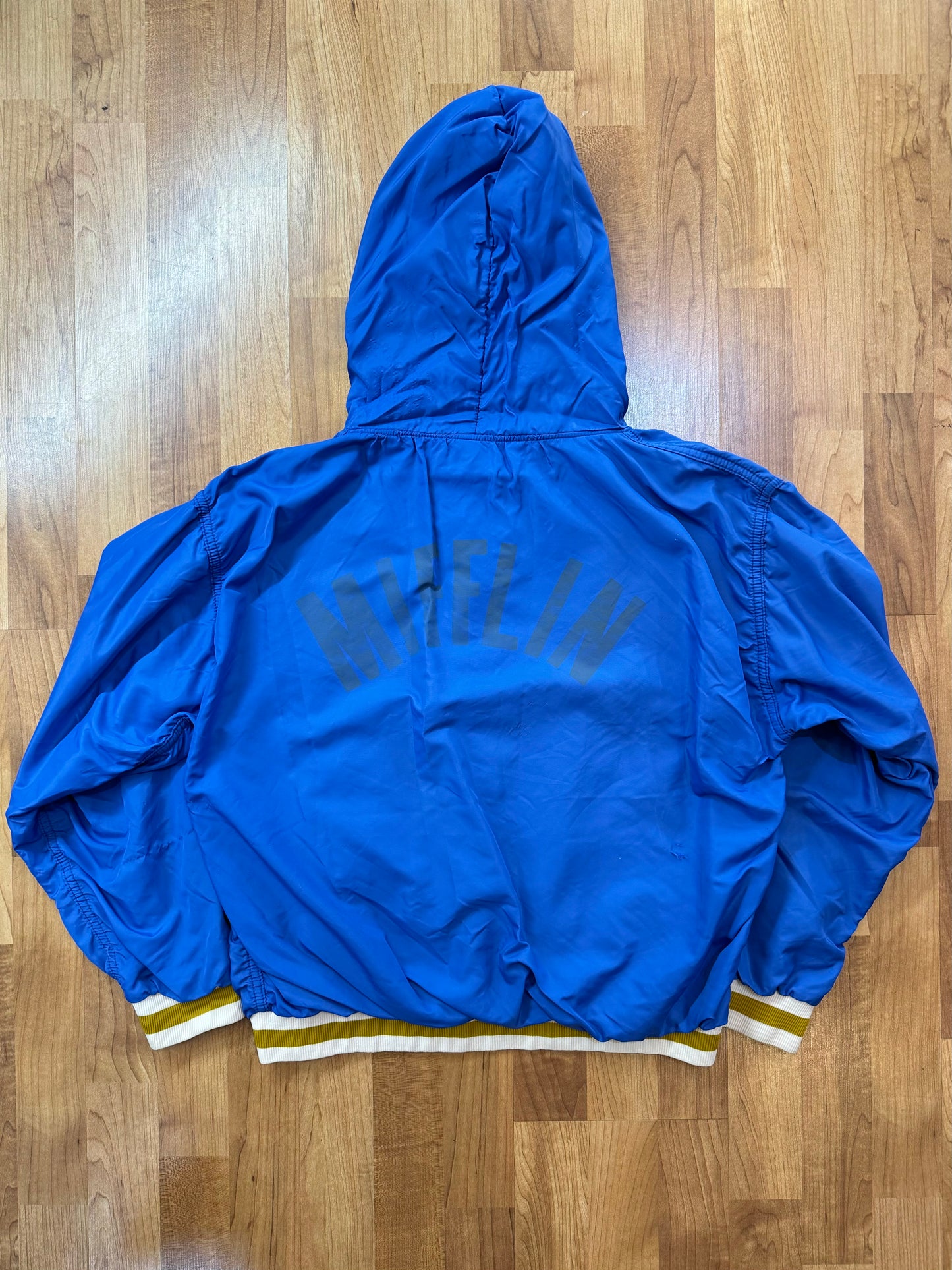 Vintage 1970s Blue Striped Half Zip Hooded Pullover Windbreaker | Large