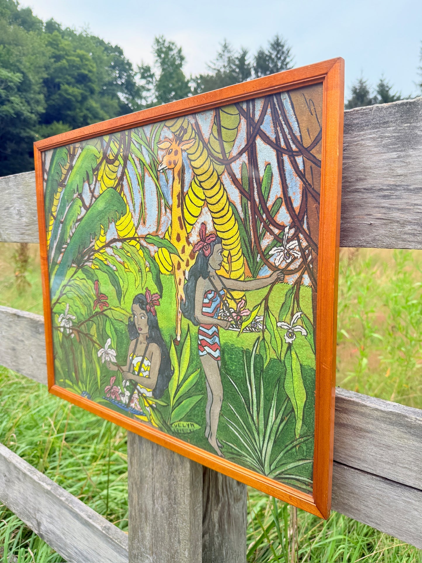 Vintage 1950s Framed & Signed Tropical Jungle Scene Oil Painting