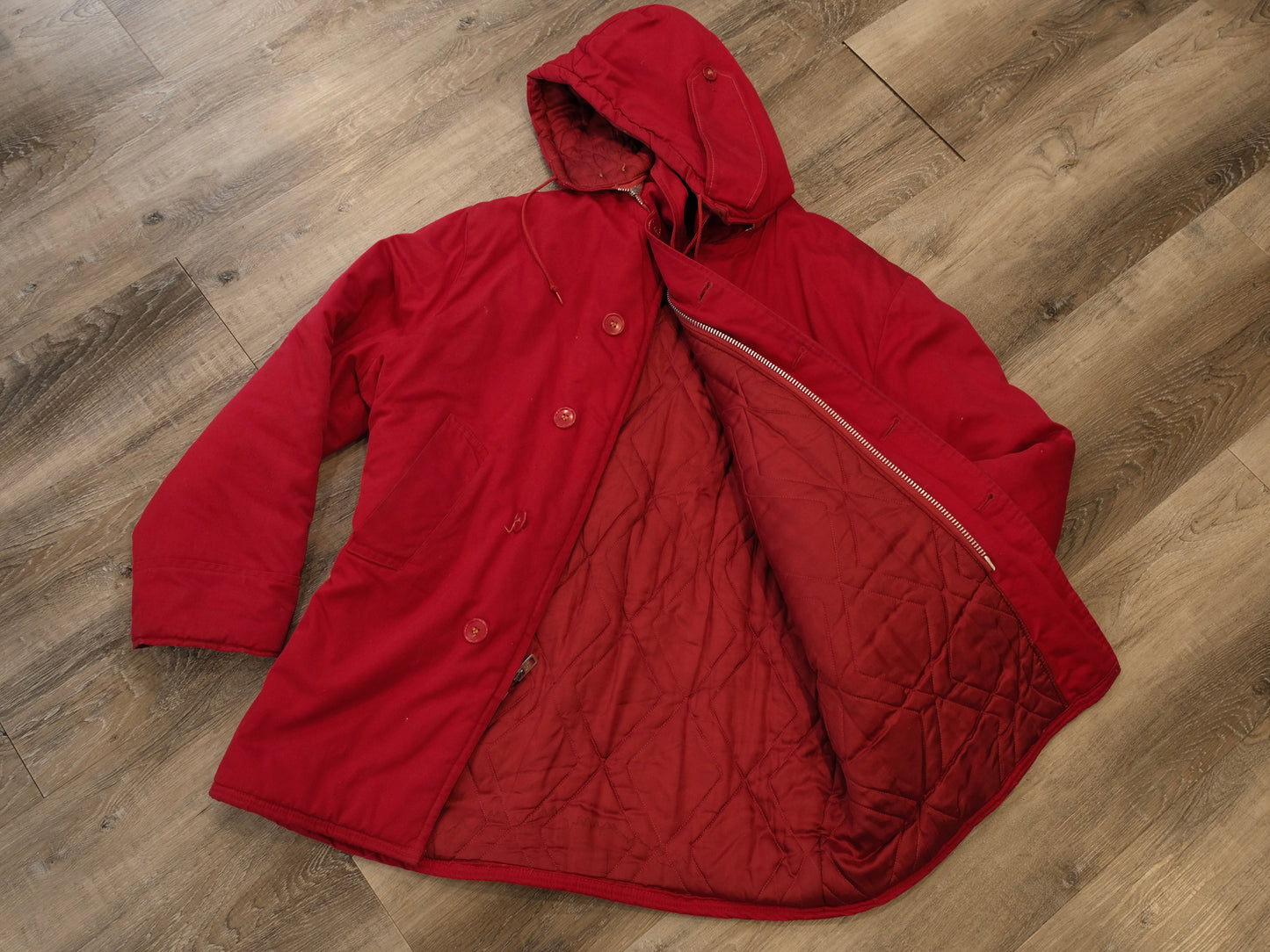 Vintage Red Insulated Canvas Hooded Coat | Medium
