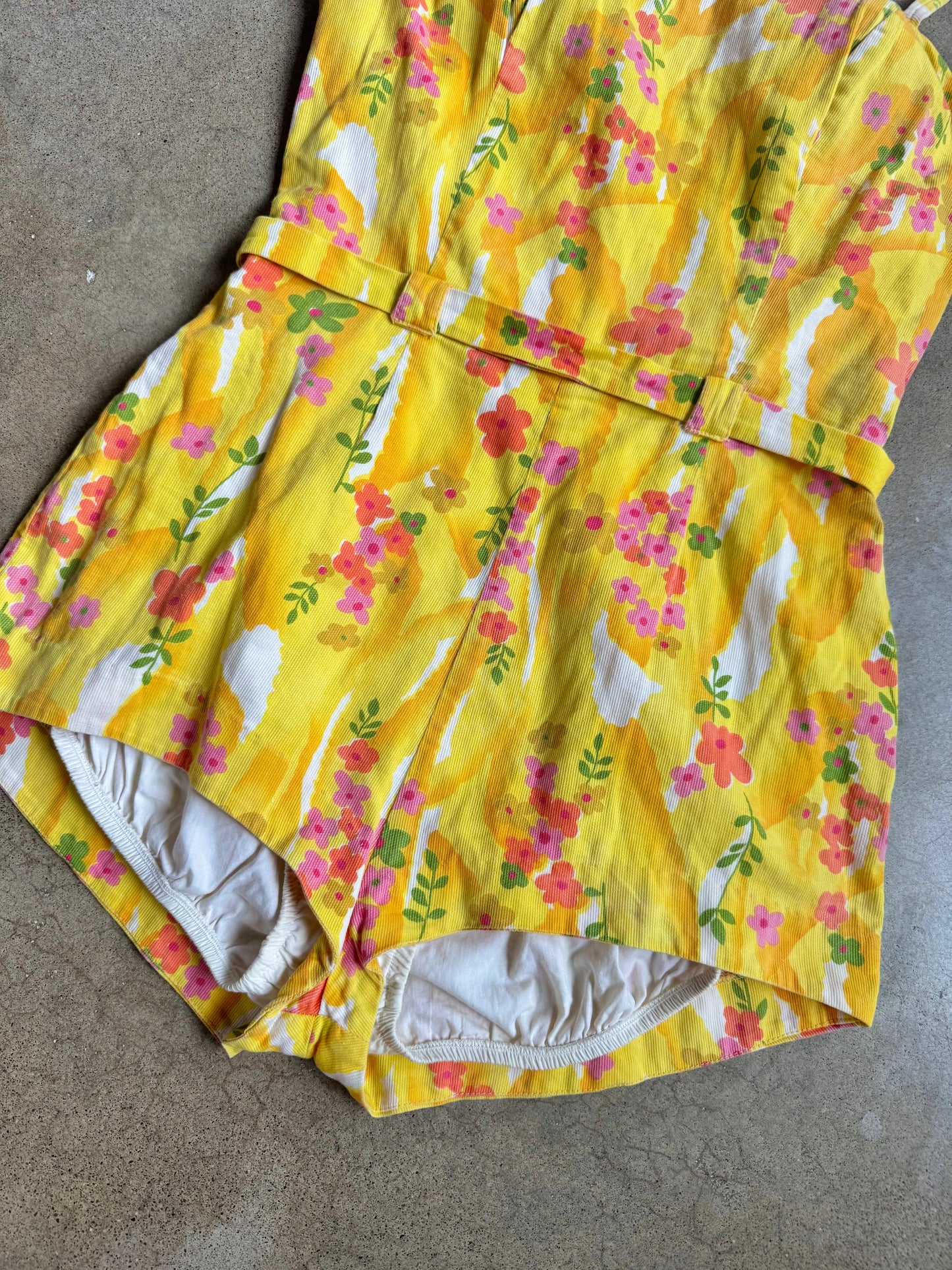 Vintage 1950s Yellow Floral One Piece Playsuit | Small