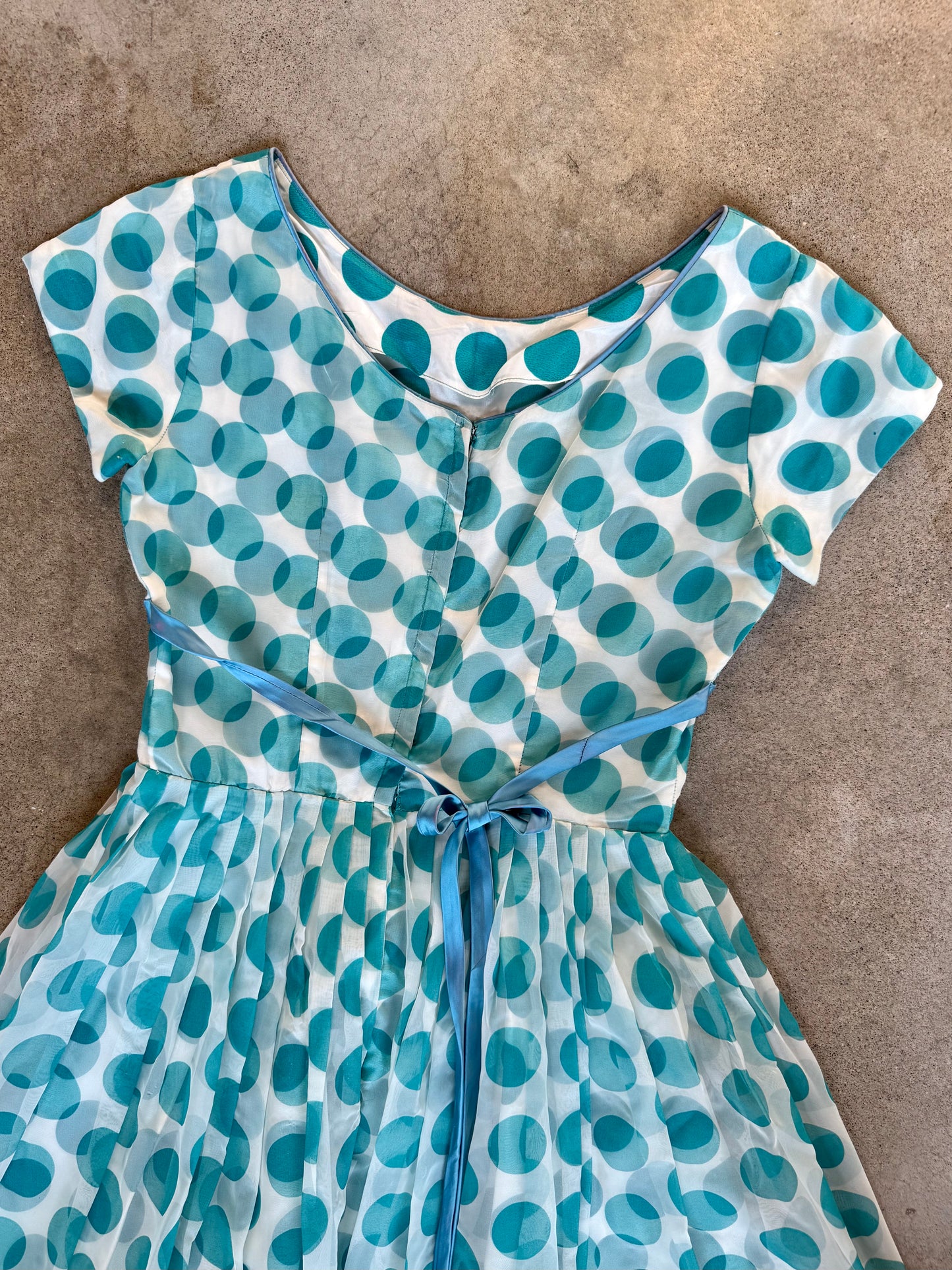 Vintage 1950s Teal Polka Dot Short Sleeve Fit & Flare Swing Dress | Medium