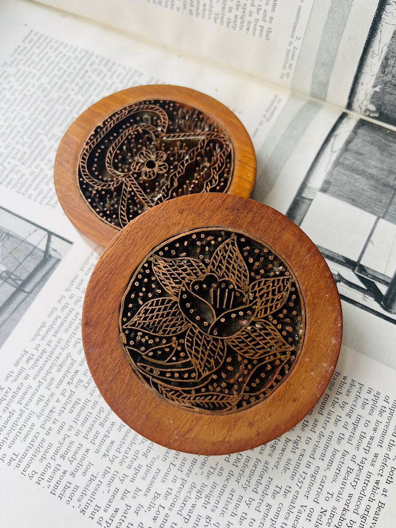 Handmade Metal Design Wood Coasters | Set of 2