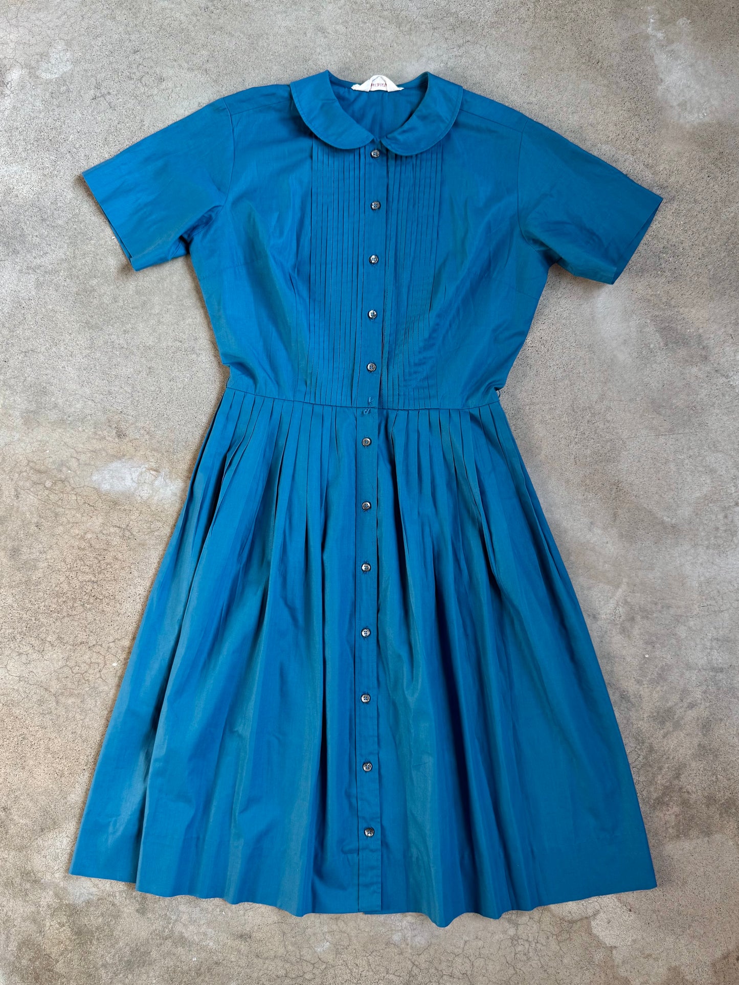 Vintage 1950s Country Miss Blue Pleated Chore Dress | Medium