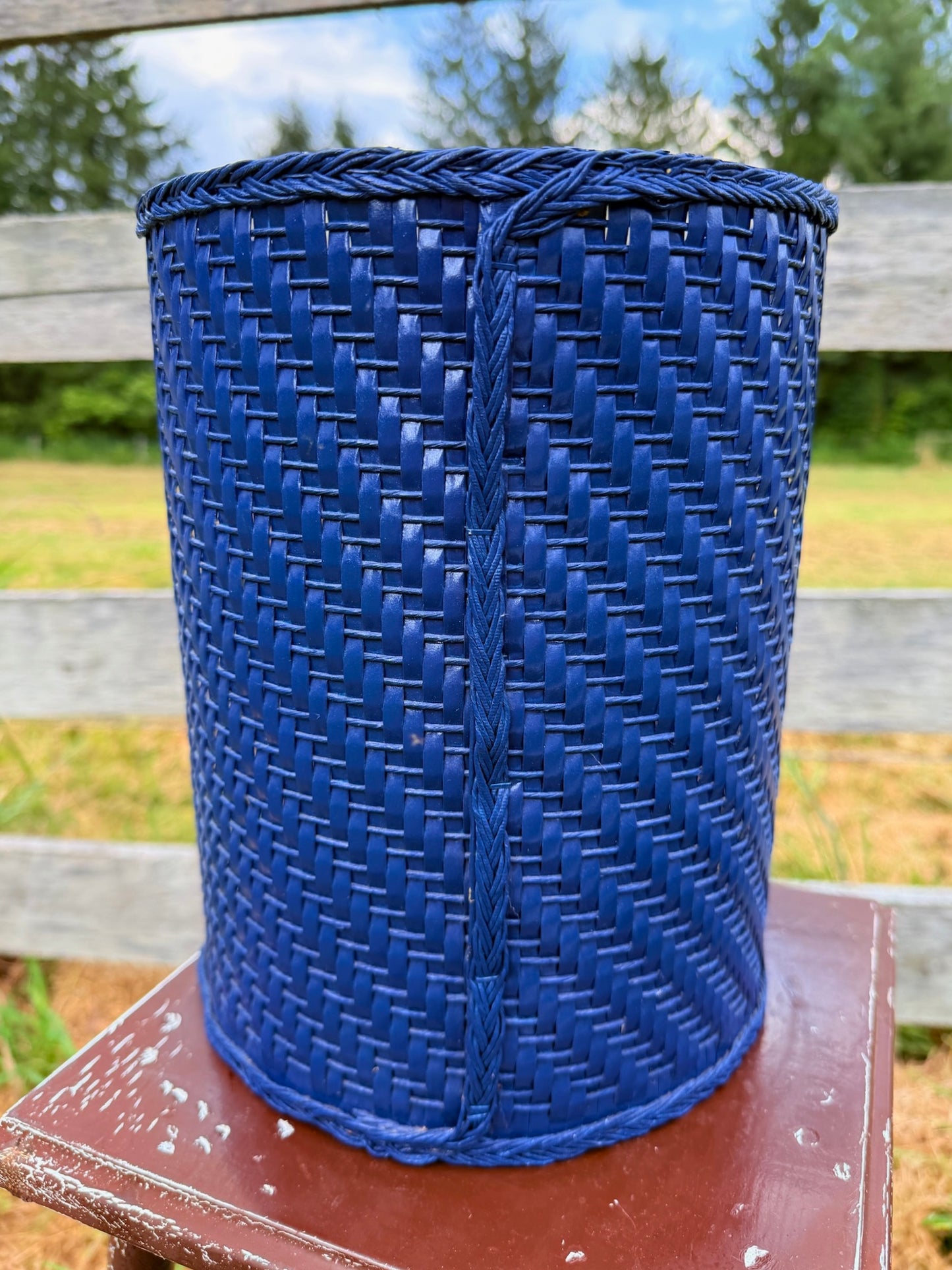 Vintage 1960s Navy Blue Straw Woven Waste Basket