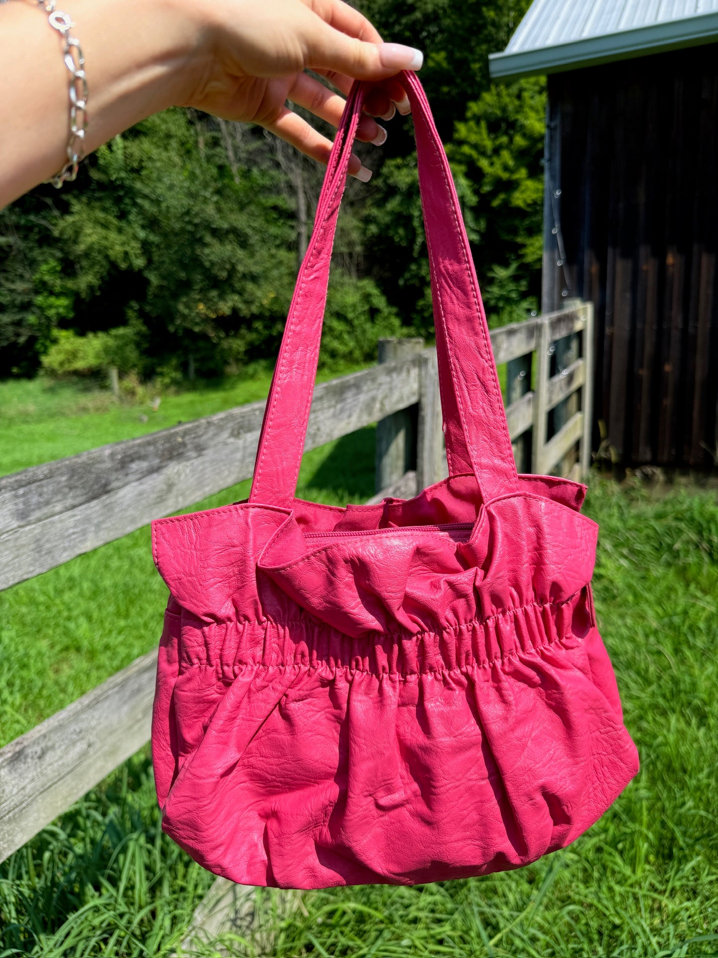 2000s Hot Pink Floral Appliqué Vinyl Shoulder Bag