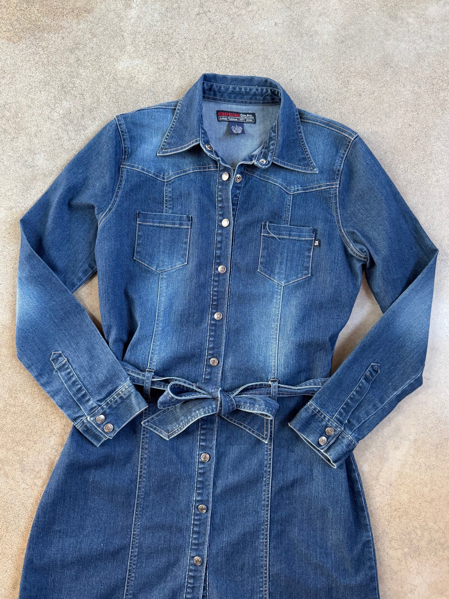 Y2K Aeropostale Button-Front Tie-Waist Denim Dress | Large