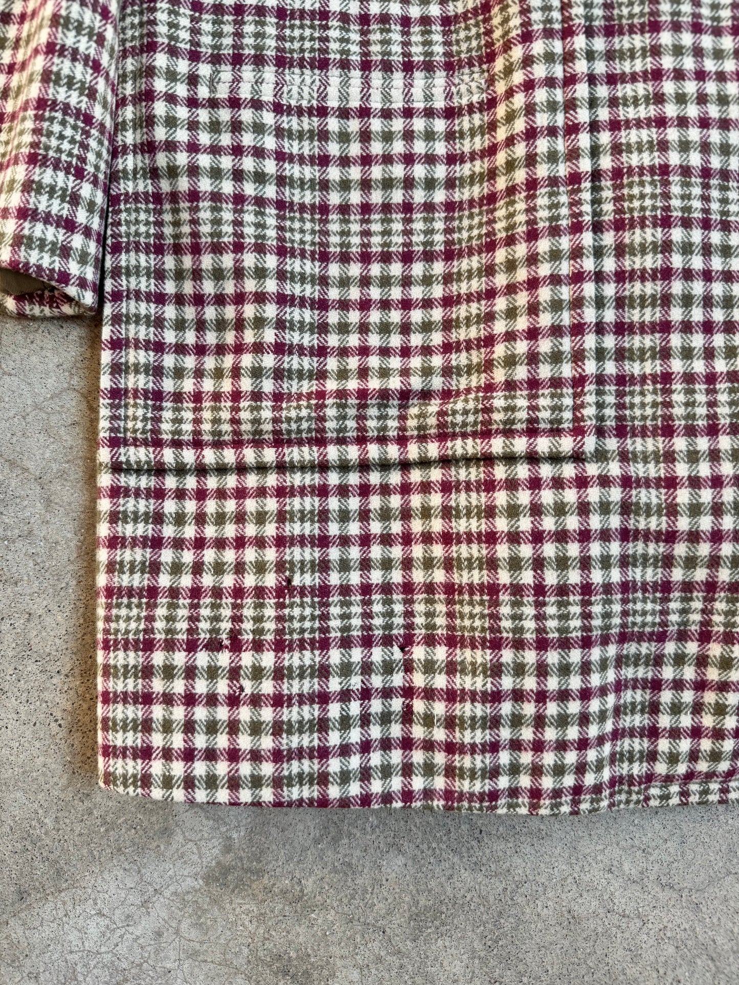 Vintage 1950s Chester Barrie Burgundy & Green Plaid Short Wool Overcoat | L/XL