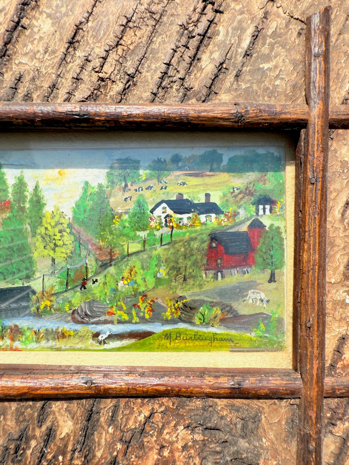 Vintage 1950s Framed & Signed Martha Burlingham Folk Art Mixed Media Oil Painting