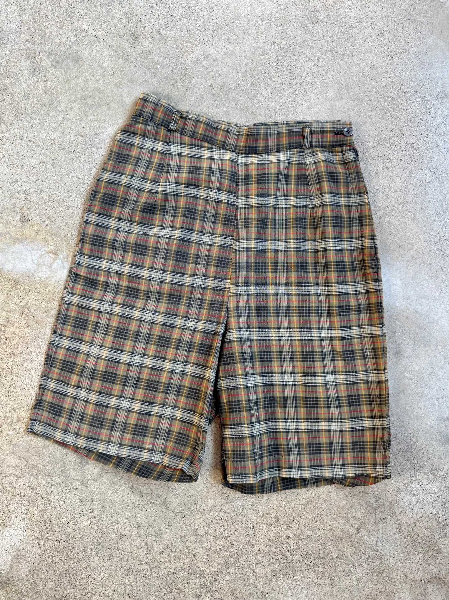 Vintage 1960s Jay Walkers Green Plaid High-Waist Shorts | XS/S